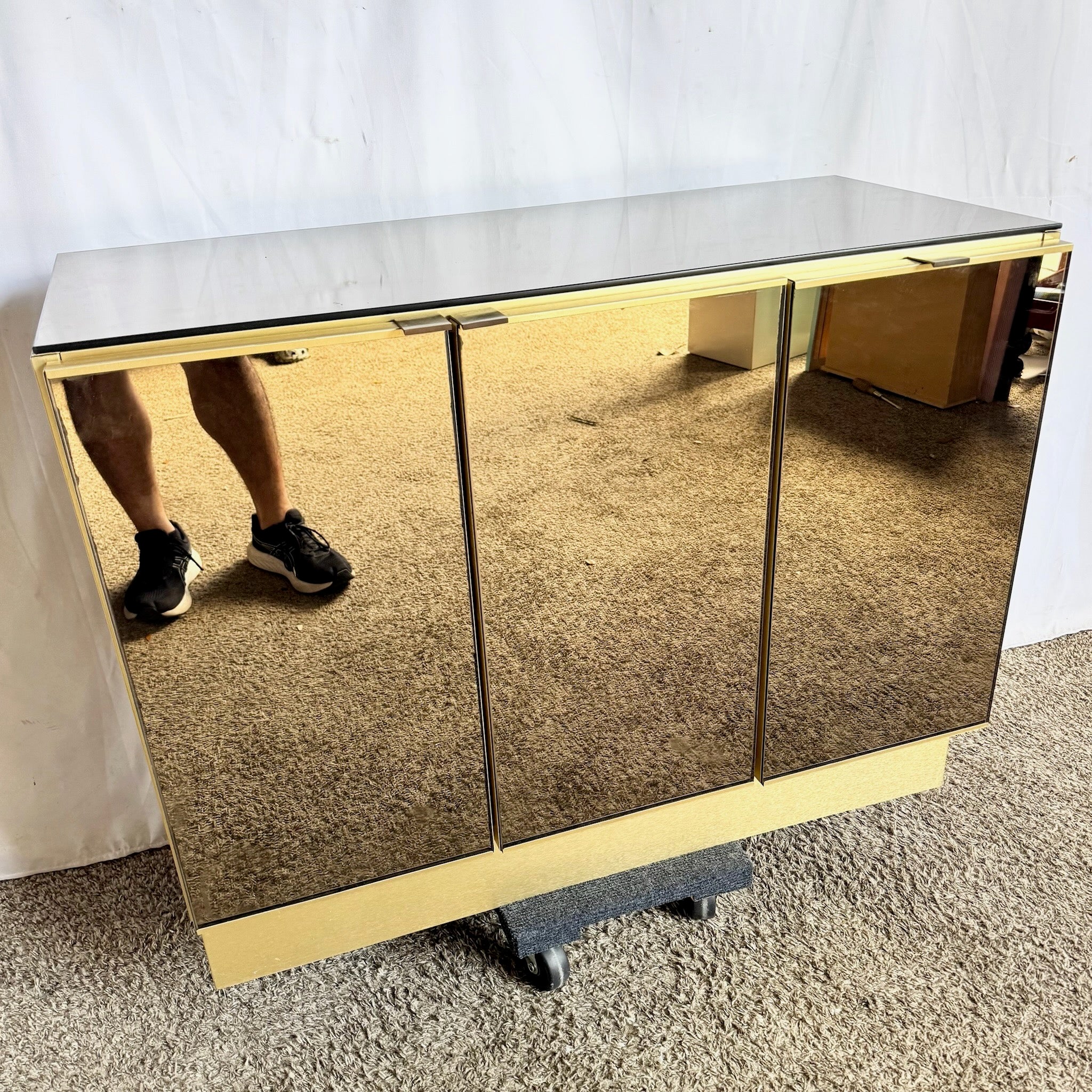 Postmodern Smoked Mirror and Gold Credenza