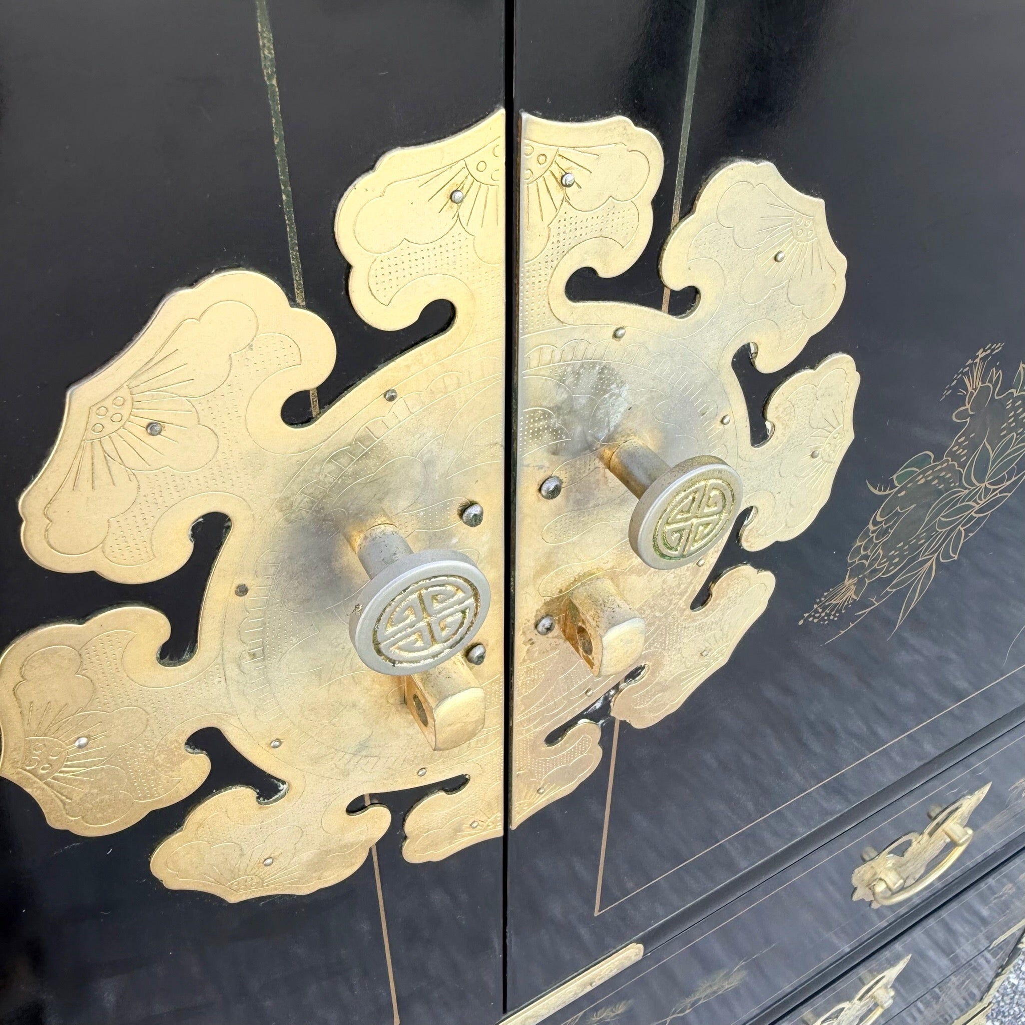 Chinese Black and Gold and Hand Painted Armoire/Chest of Drawers Dolphin & Flamingo