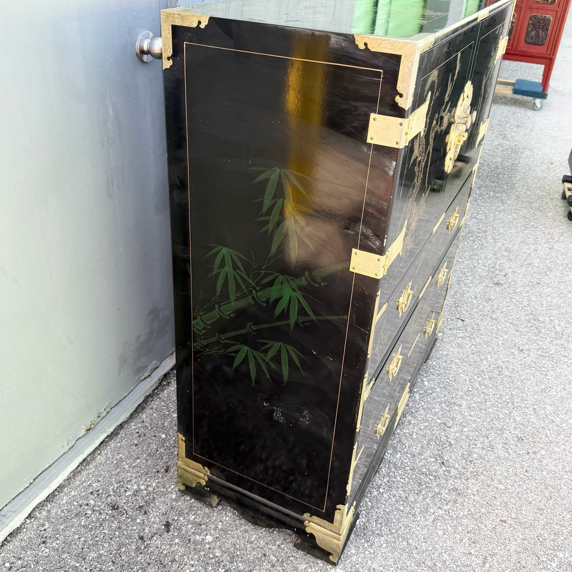 Chinese Black and Gold and Hand Painted Armoire/Chest of Drawers Dolphin & Flamingo