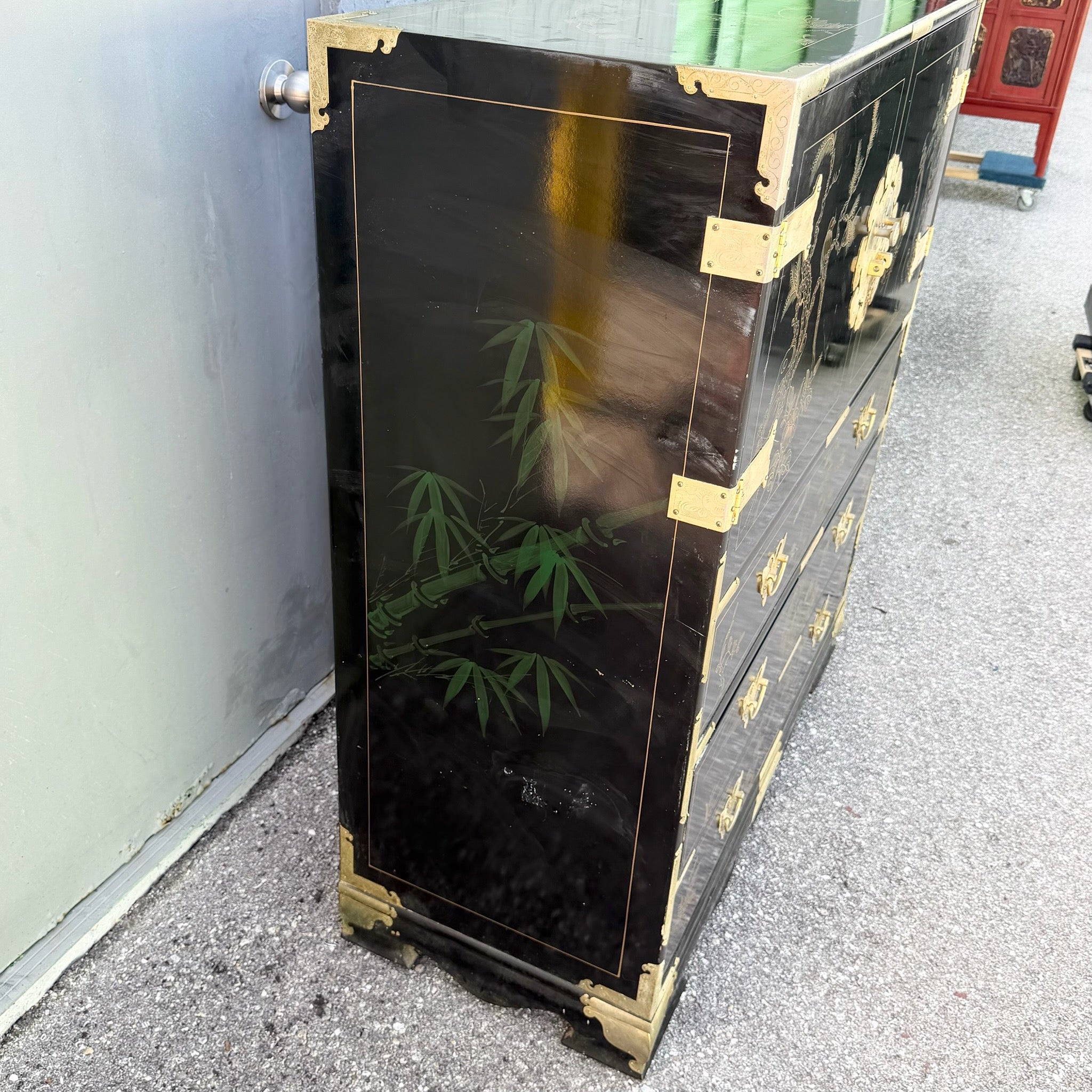 Chinese Black and Gold and Hand Painted Armoire/Chest of Drawers Dolphin & Flamingo