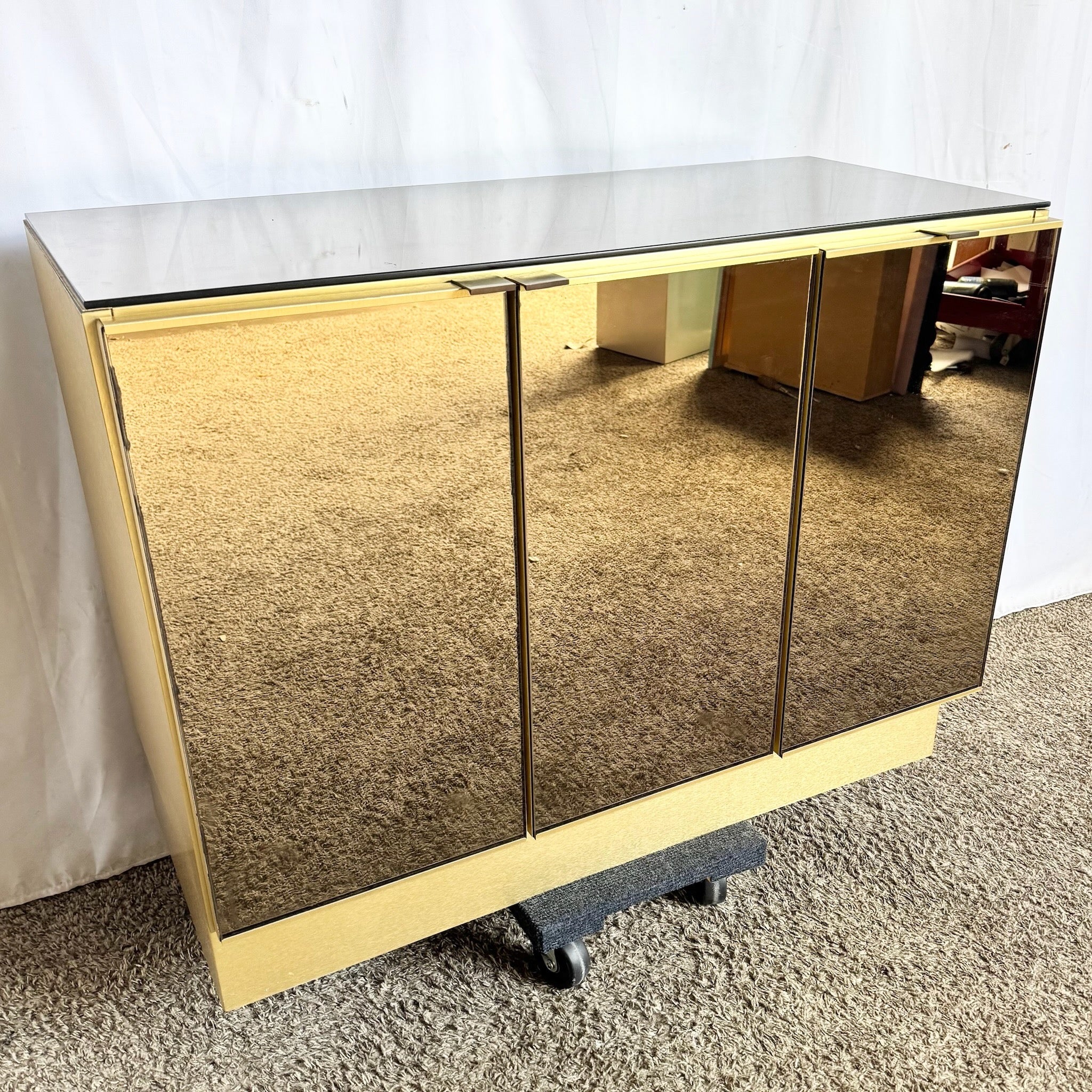Postmodern Smoked Mirror and Gold Credenza