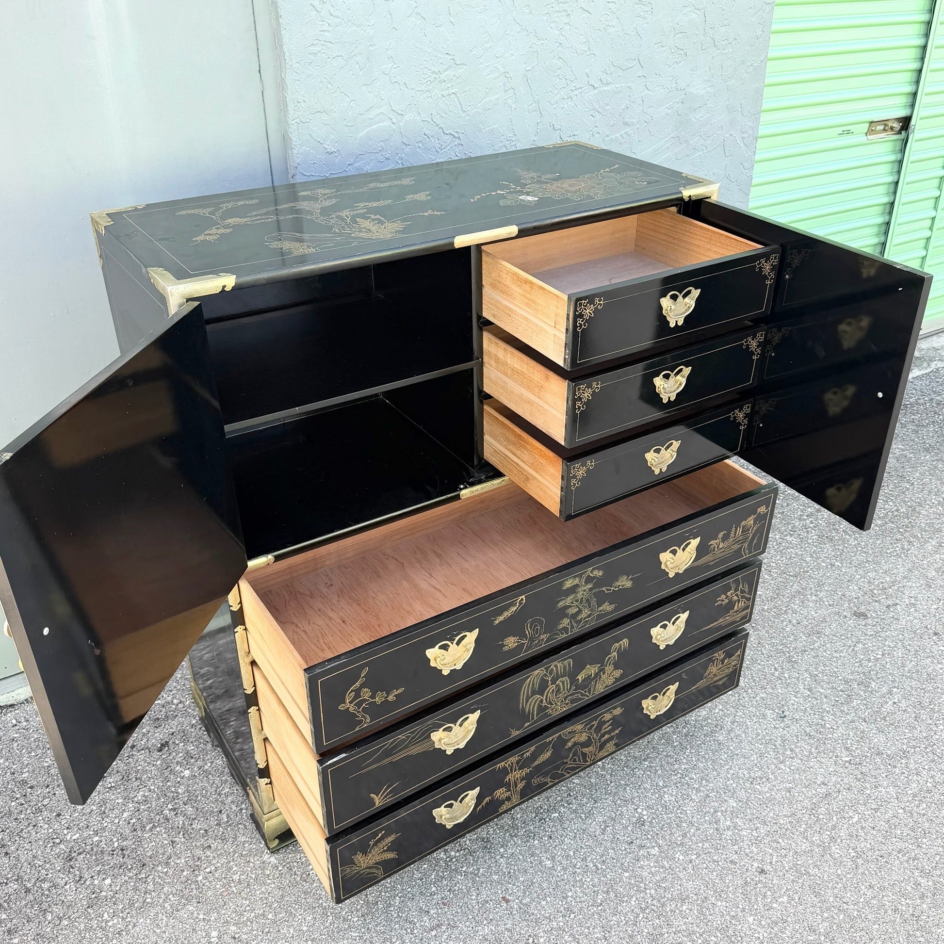 Chinese Black and Gold and Hand Painted Armoire/Chest of Drawers Dolphin & Flamingo
