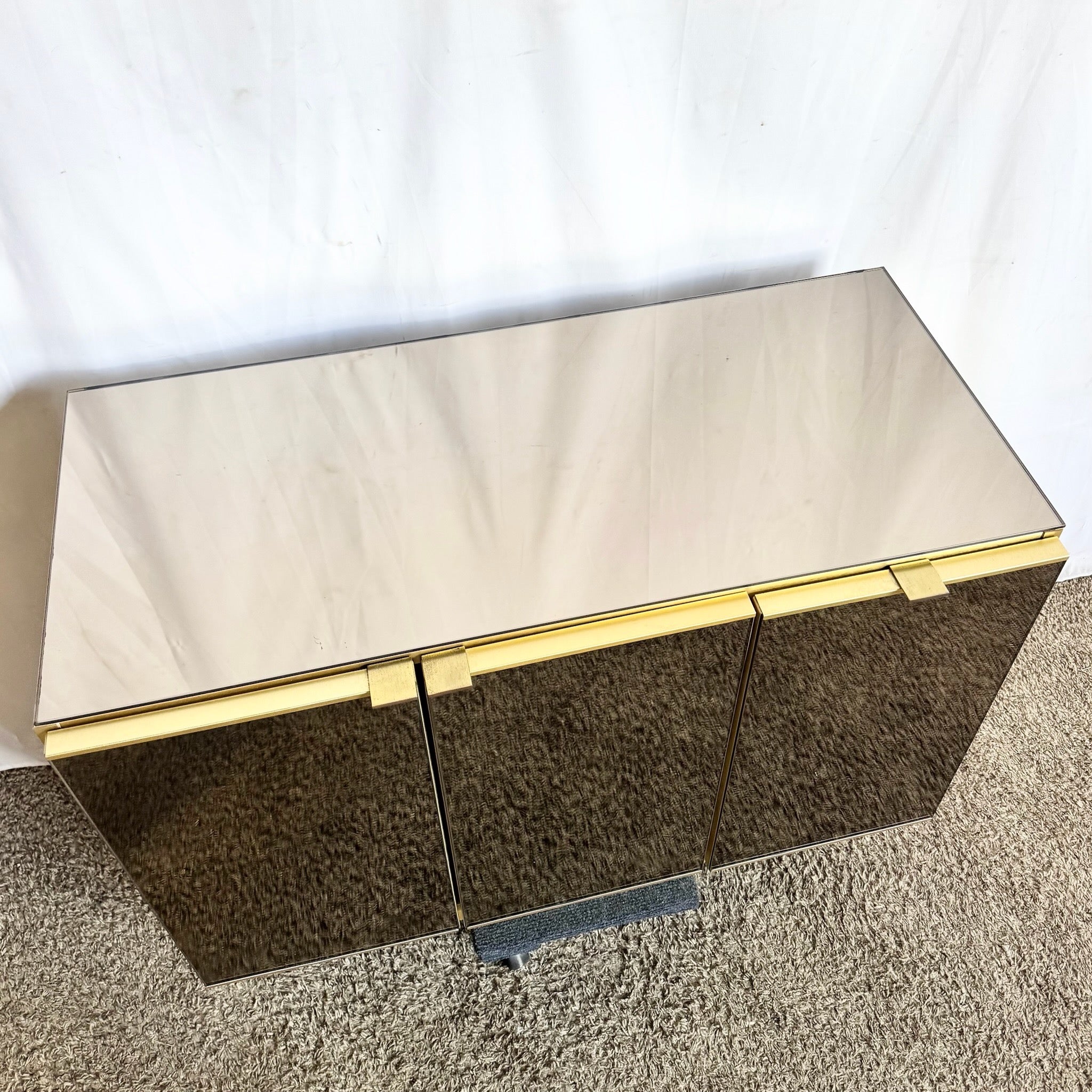 Postmodern Smoked Mirror and Gold Credenza