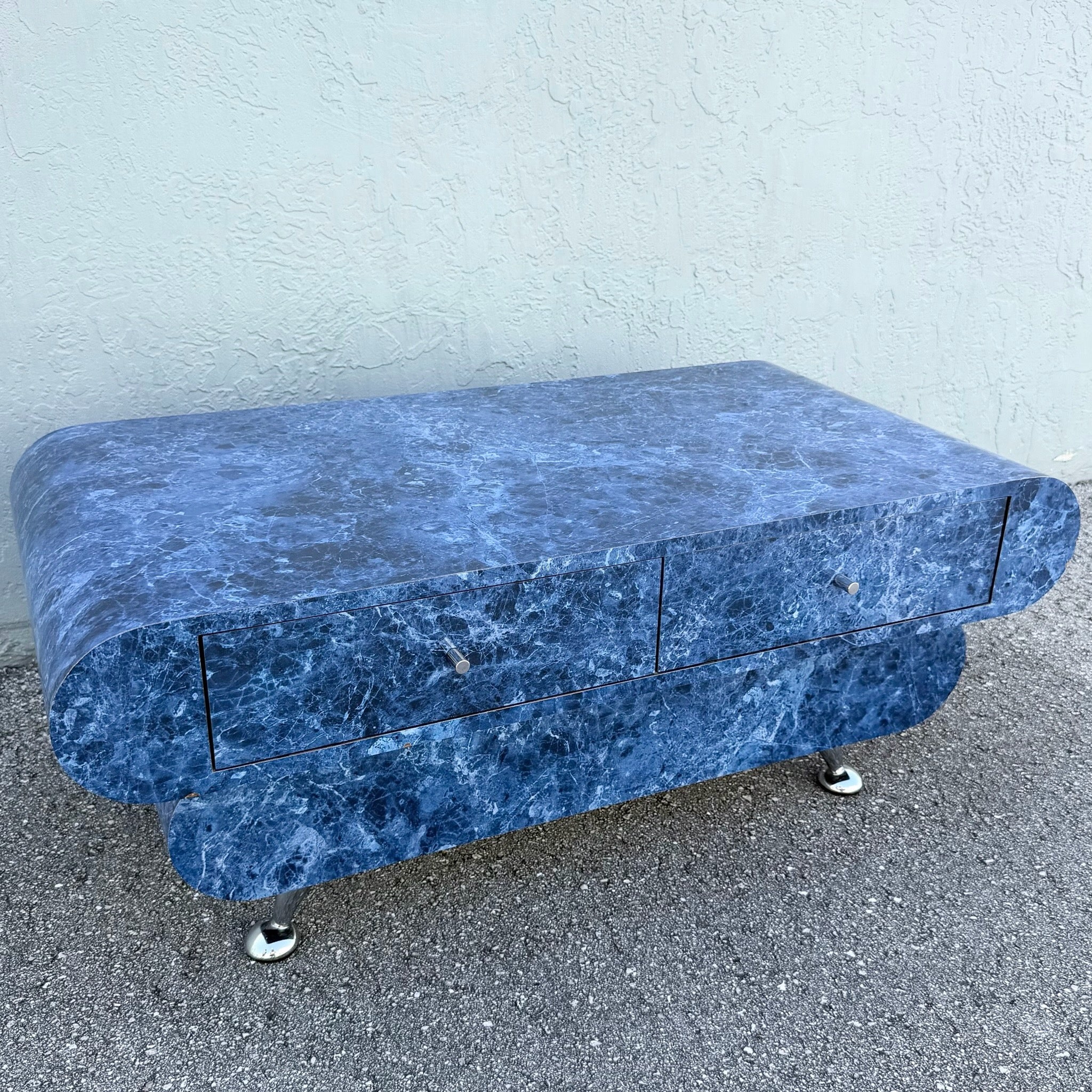 Postmodern Bullnose Faux Blue Marble Coffee Table on Chrome Legs Dolphin & Flamingo