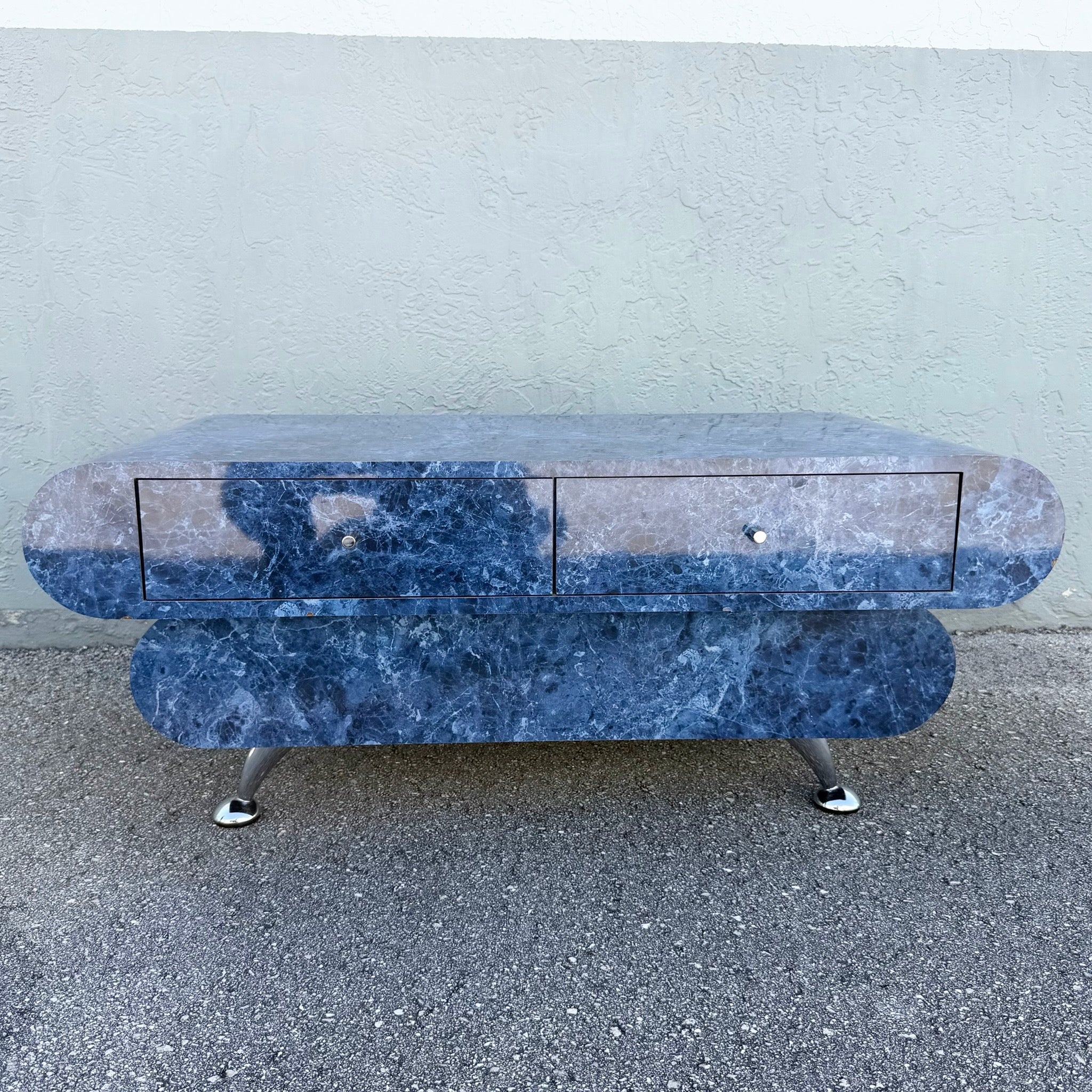 Postmodern Bullnose Faux Blue Marble Coffee Table on Chrome Legs Dolphin & Flamingo
