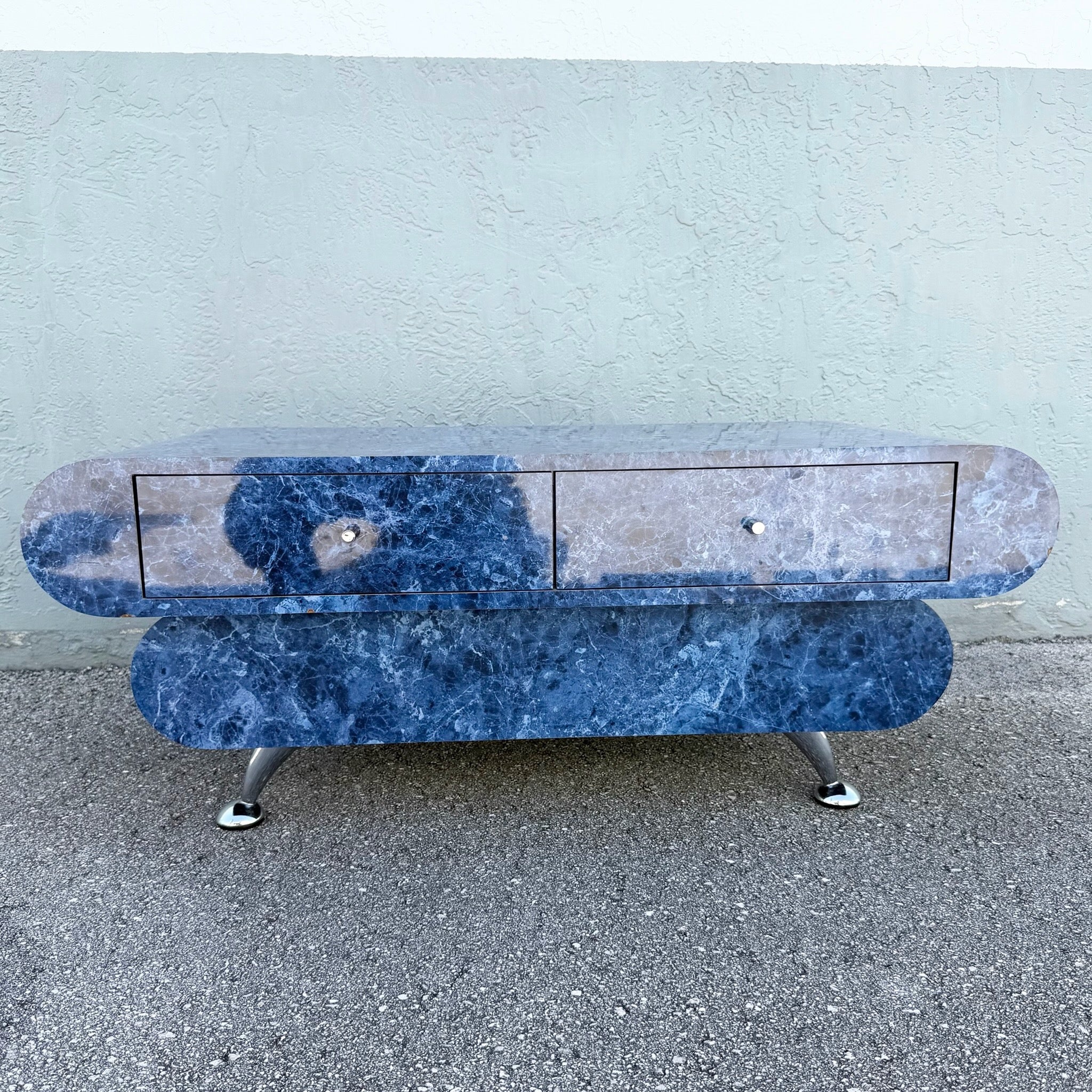 Postmodern Bullnose Faux Blue Marble Coffee Table on Chrome Legs Dolphin & Flamingo