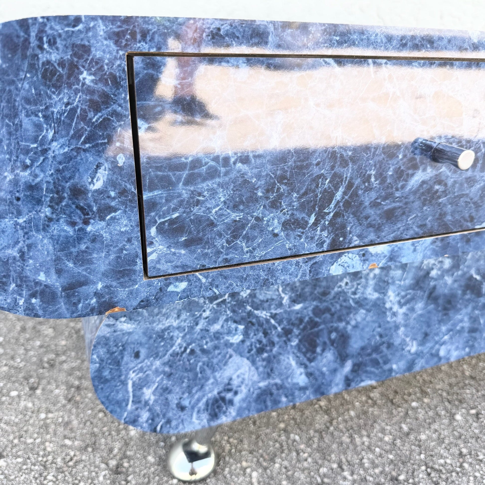 Postmodern Bullnose Faux Blue Marble Coffee Table on Chrome Legs Dolphin & Flamingo