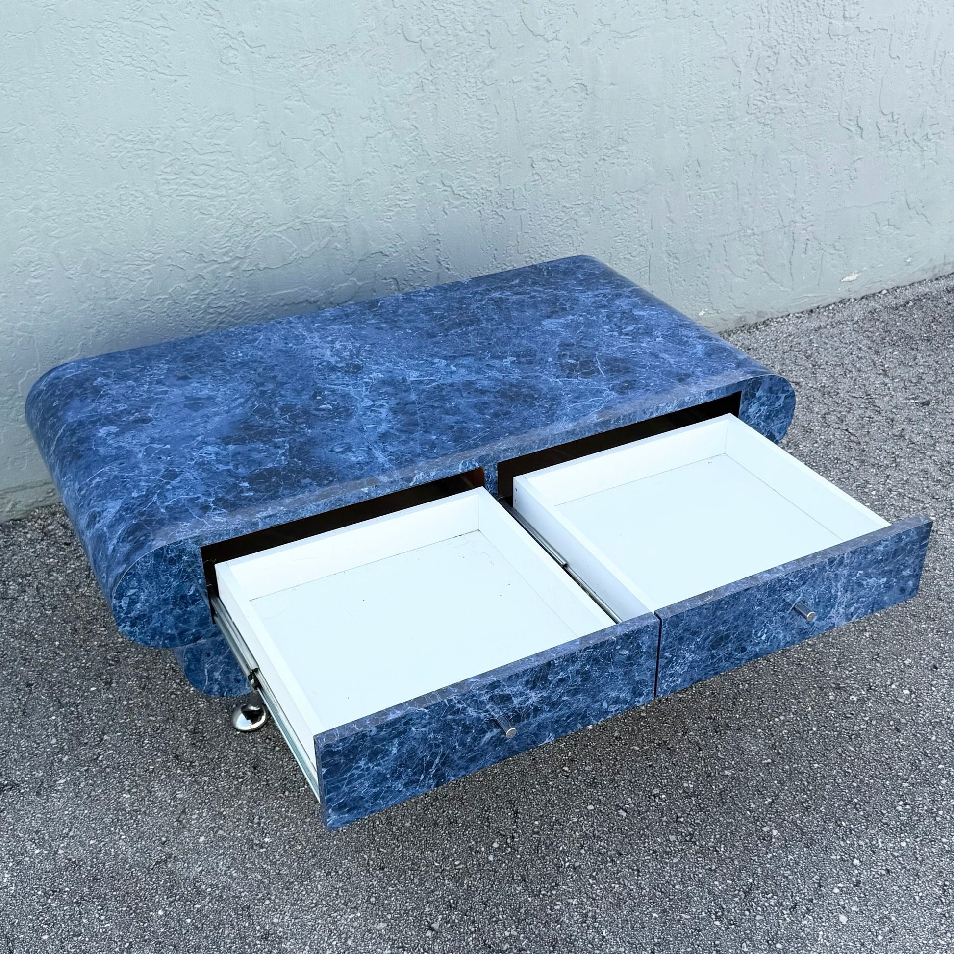 Postmodern Bullnose Faux Blue Marble Coffee Table on Chrome Legs Dolphin & Flamingo