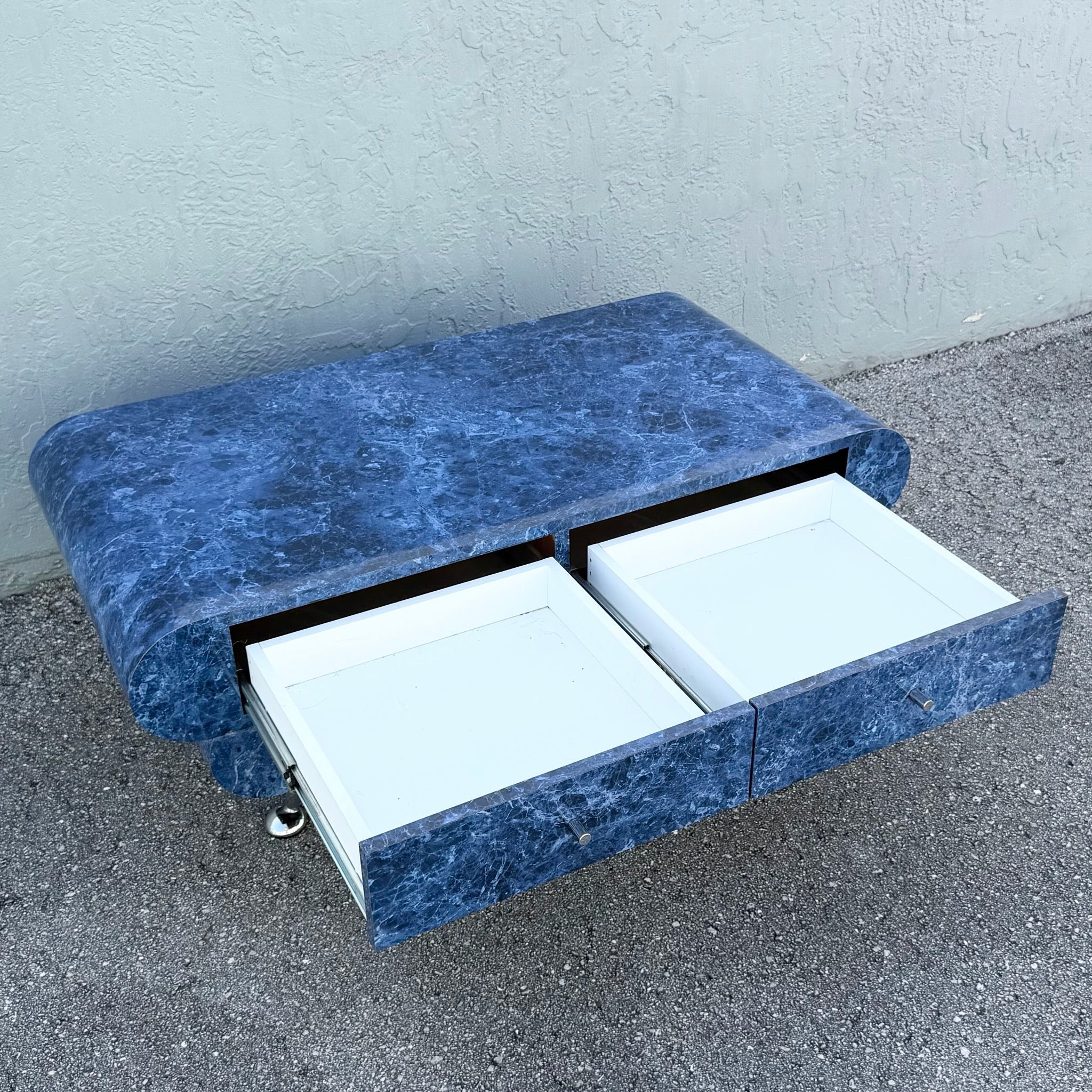 Postmodern Bullnose Faux Blue Marble Coffee Table on Chrome Legs Dolphin & Flamingo