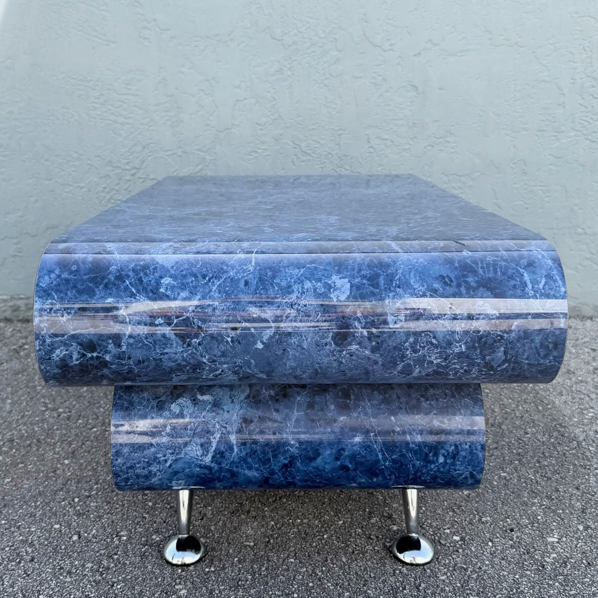 Postmodern Bullnose Faux Blue Marble Coffee Table on Chrome Legs Dolphin & Flamingo