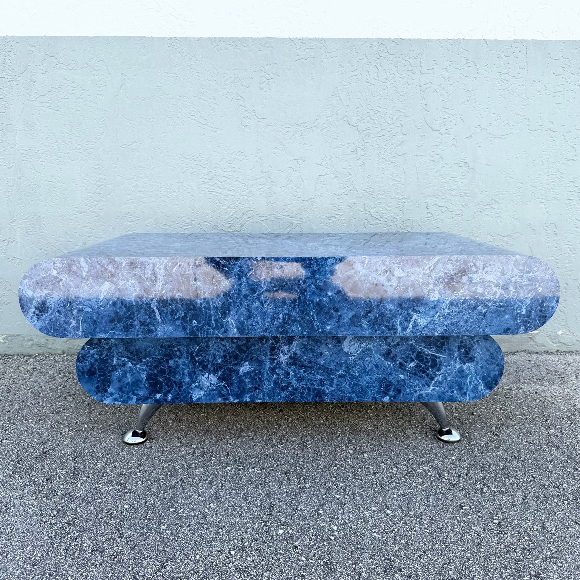Postmodern Bullnose Faux Blue Marble Coffee Table on Chrome Legs Dolphin & Flamingo