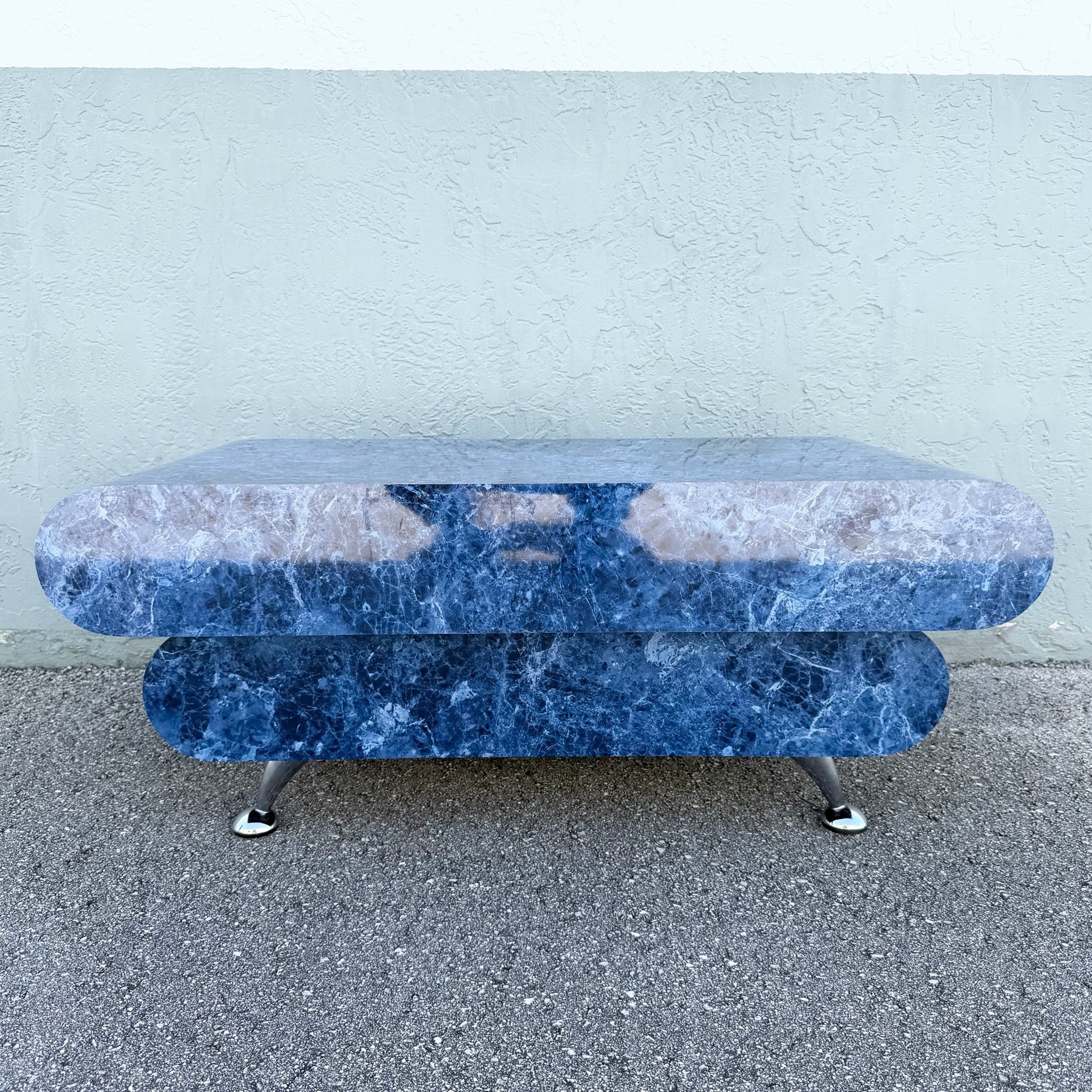 Postmodern Bullnose Faux Blue Marble Coffee Table on Chrome Legs Dolphin & Flamingo
