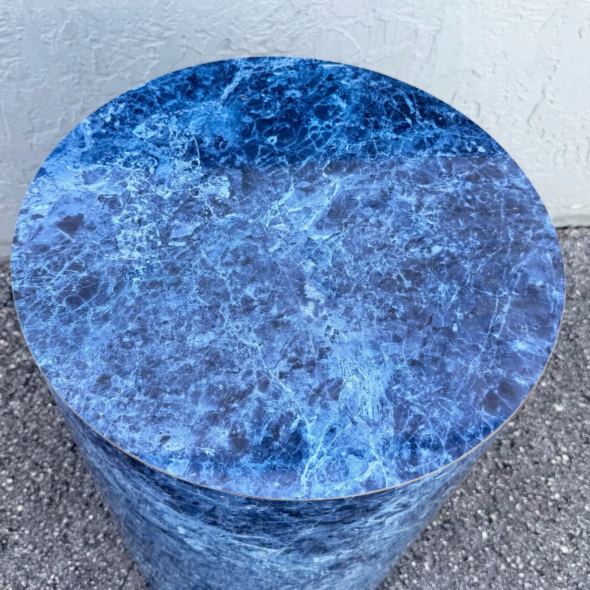 Postmodern Faux Blue Marble Cylindrical Pedestal Dolphin & Flamingo