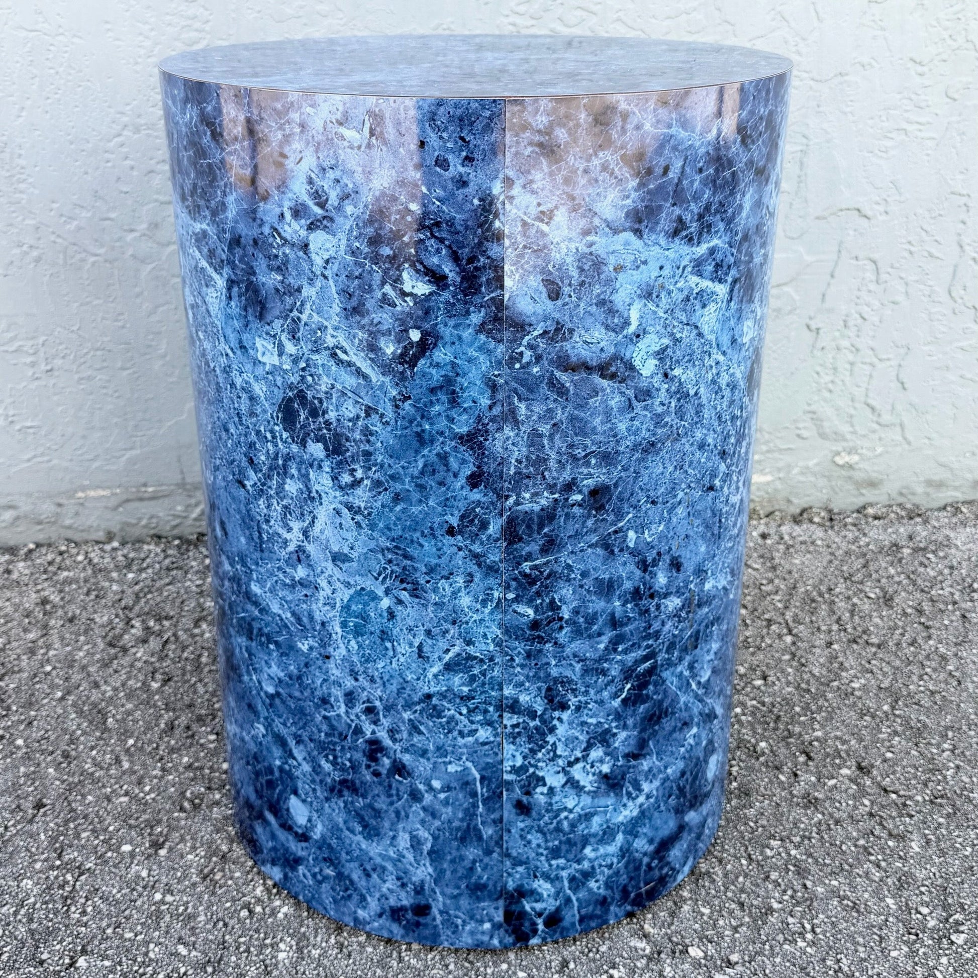 Postmodern Faux Blue Marble Cylindrical Pedestal Dolphin & Flamingo