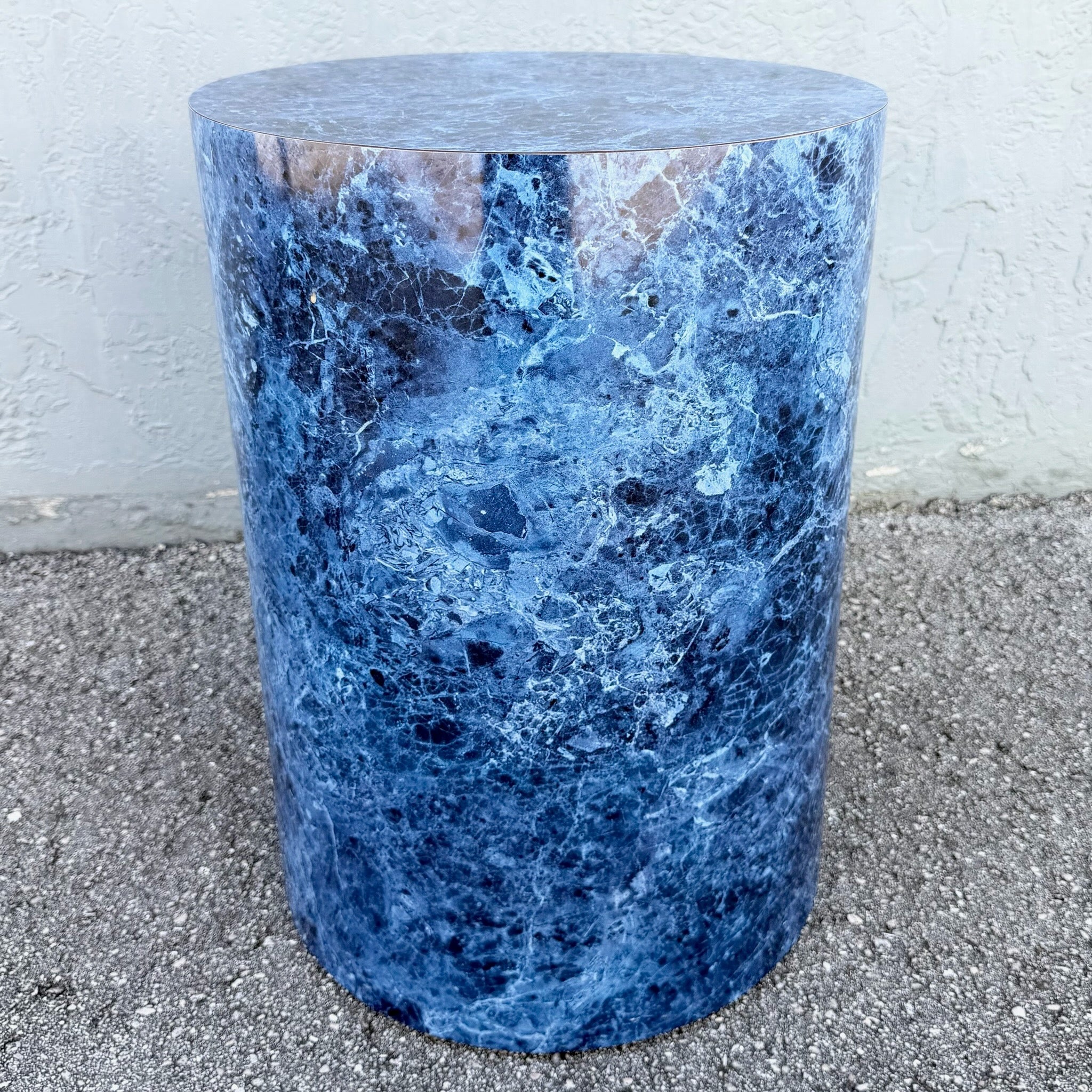 Postmodern Faux Blue Marble Cylindrical Pedestal Dolphin & Flamingo