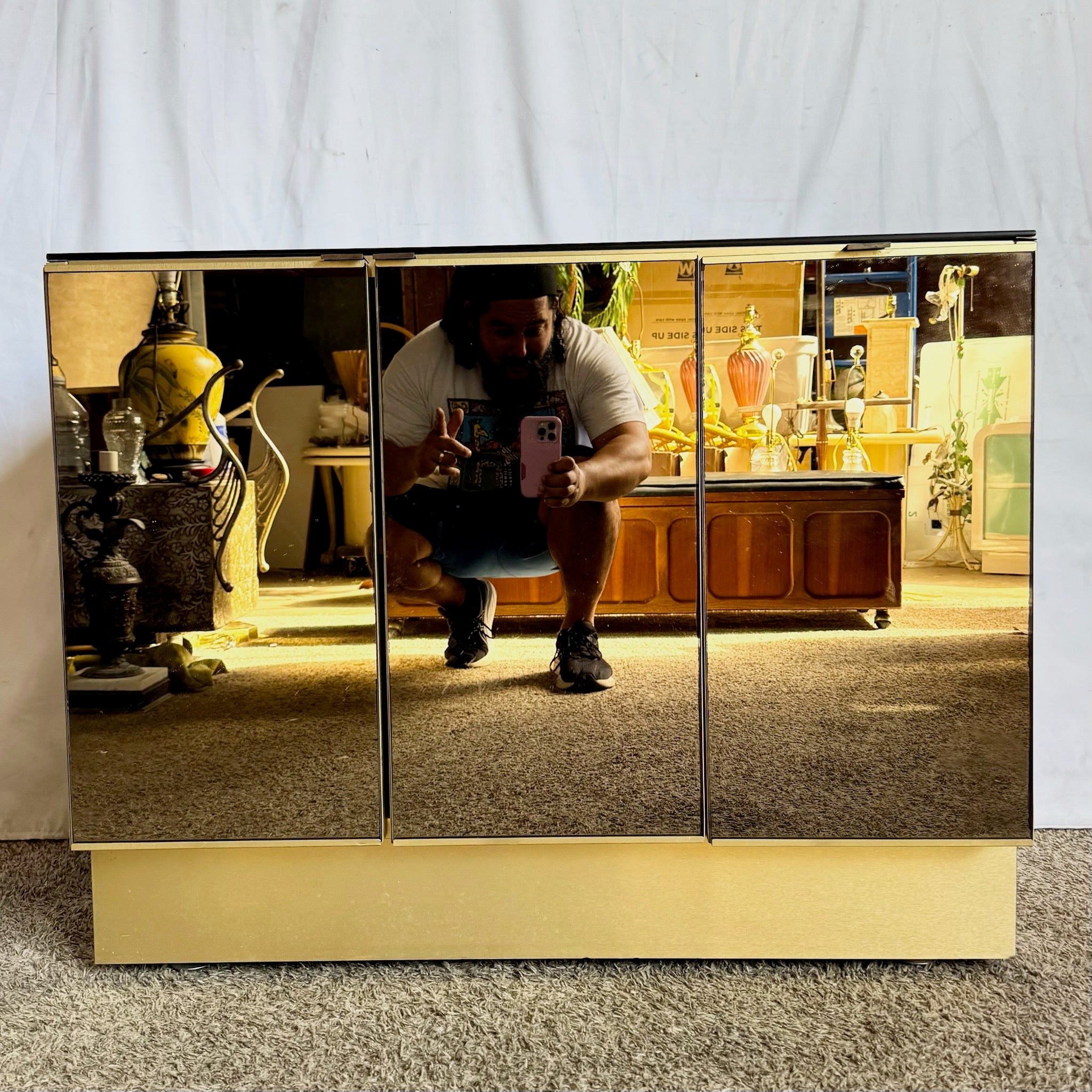 Postmodern Smoked Mirror and Gold Credenza