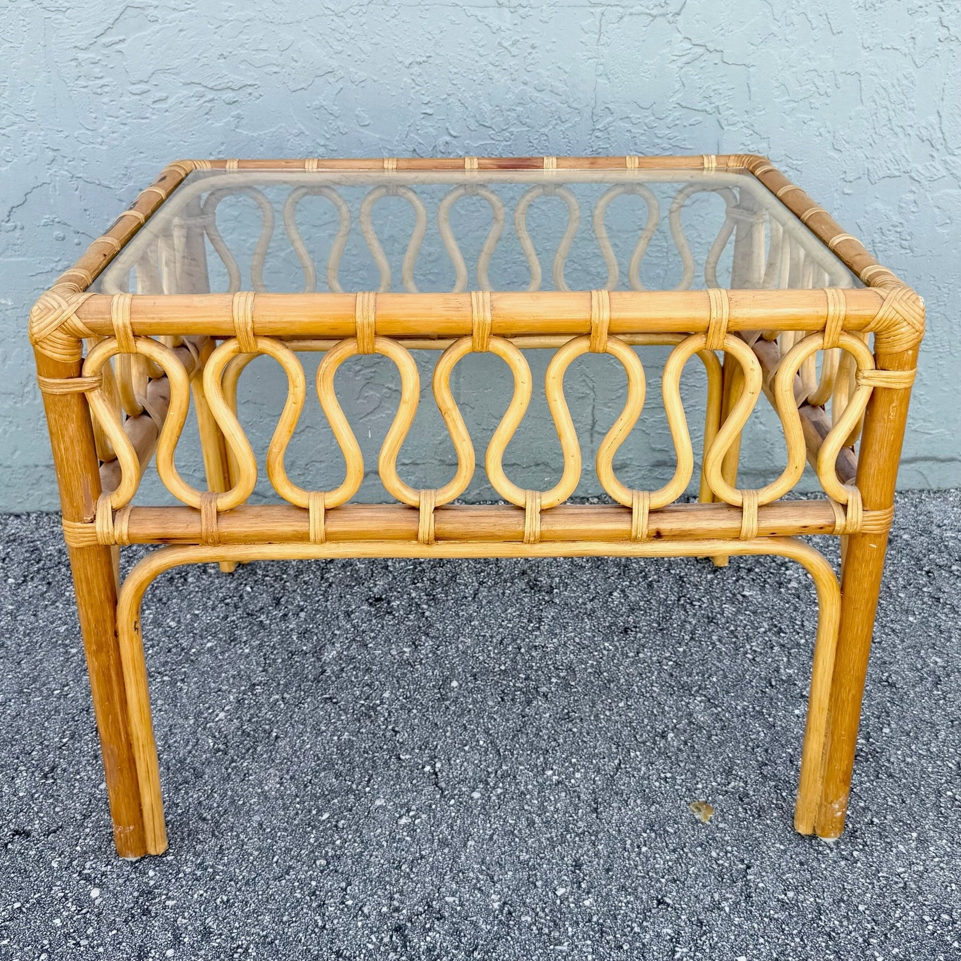 Boho Chic Serpentine Rattan Glass Top Side Table Dolphin & Flamingo
