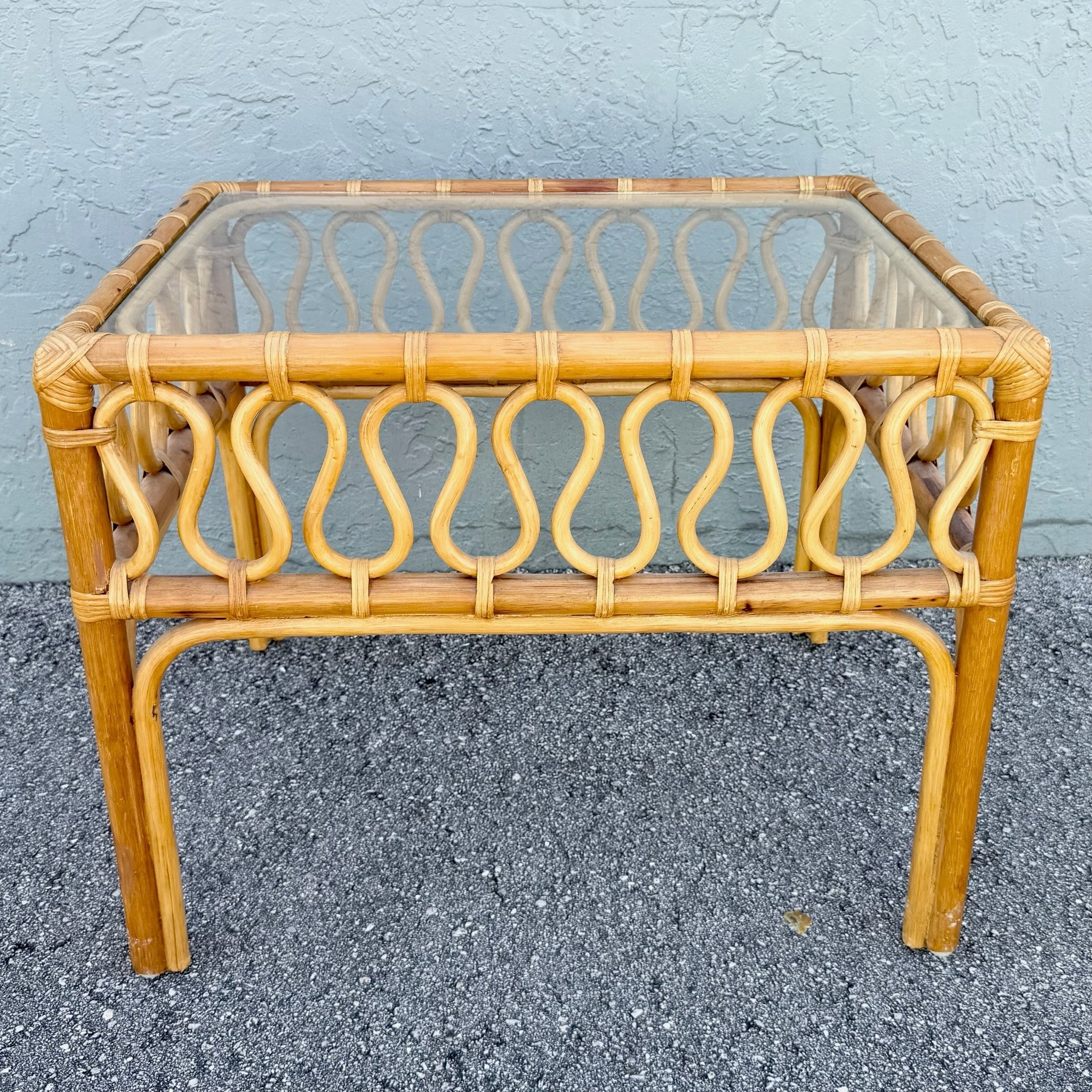Boho Chic Serpentine Rattan Glass Top Side Table Dolphin & Flamingo