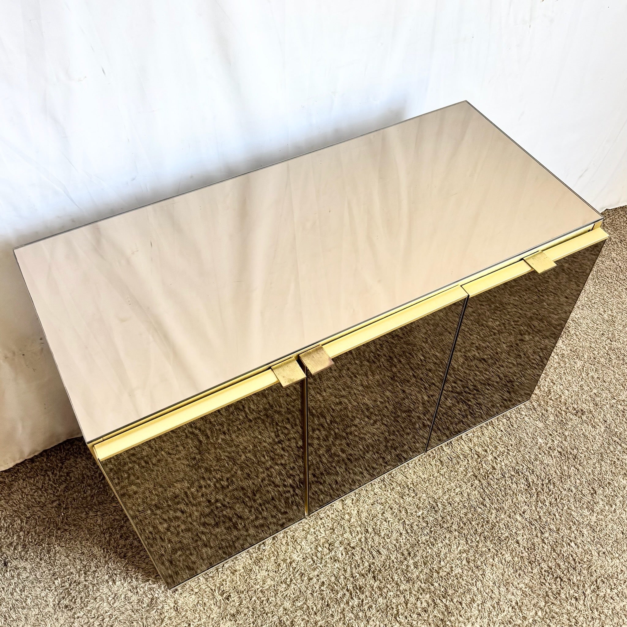Postmodern Smoked Mirror and Gold Credenza