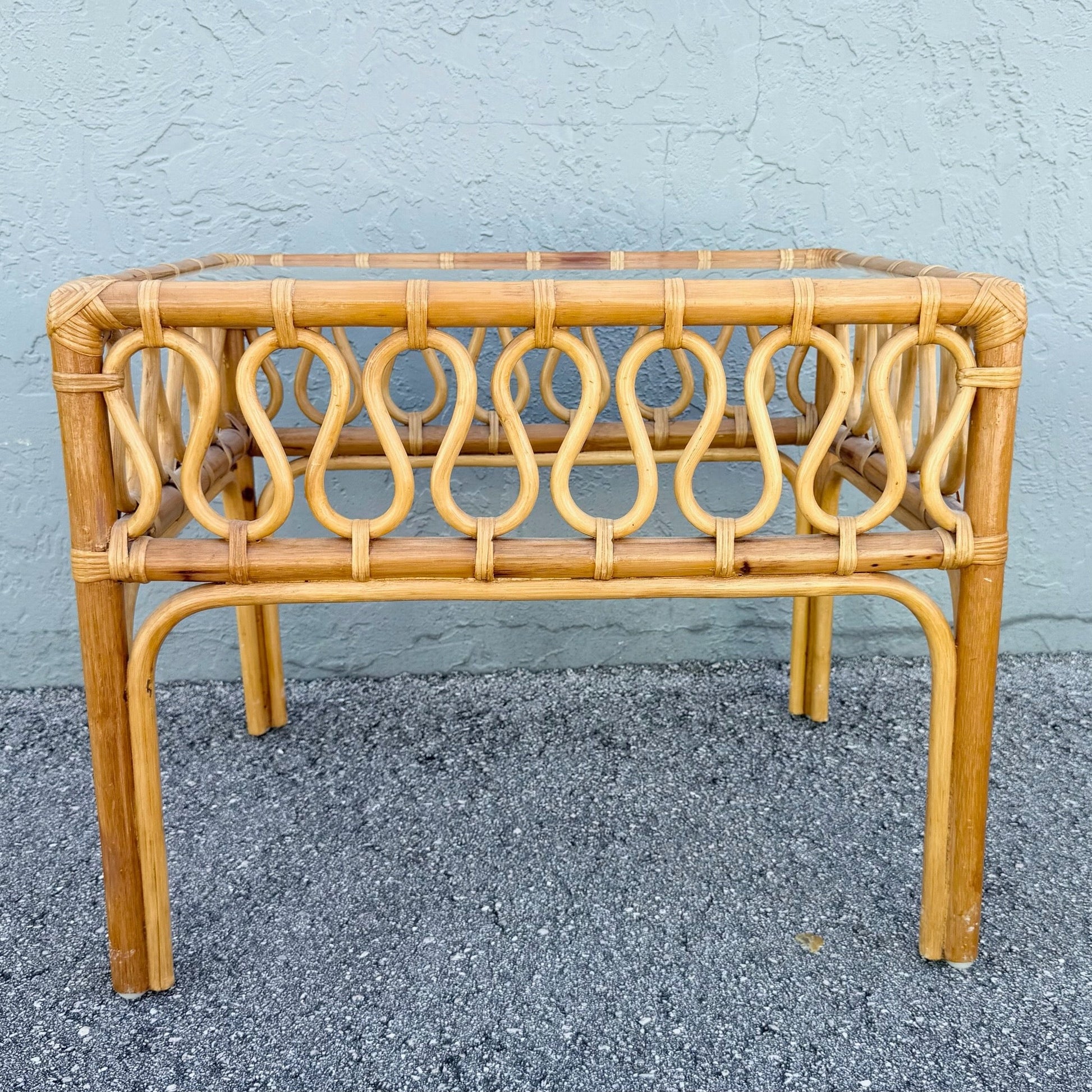 Boho Chic Serpentine Rattan Glass Top Side Table Dolphin & Flamingo