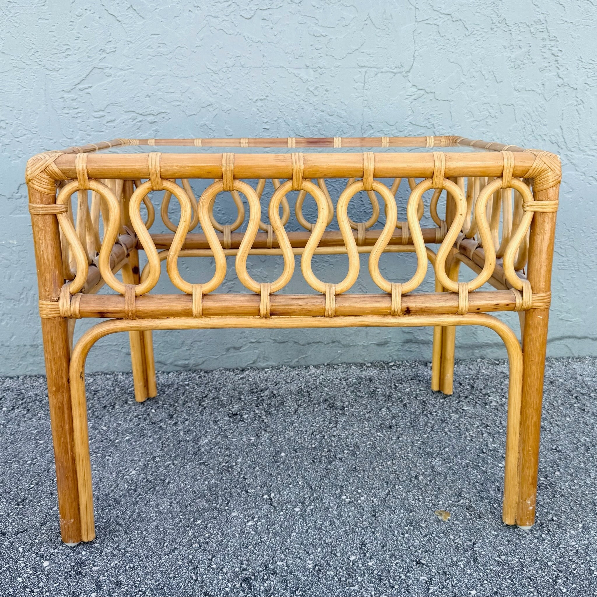 Boho Chic Serpentine Rattan Glass Top Side Table Dolphin & Flamingo