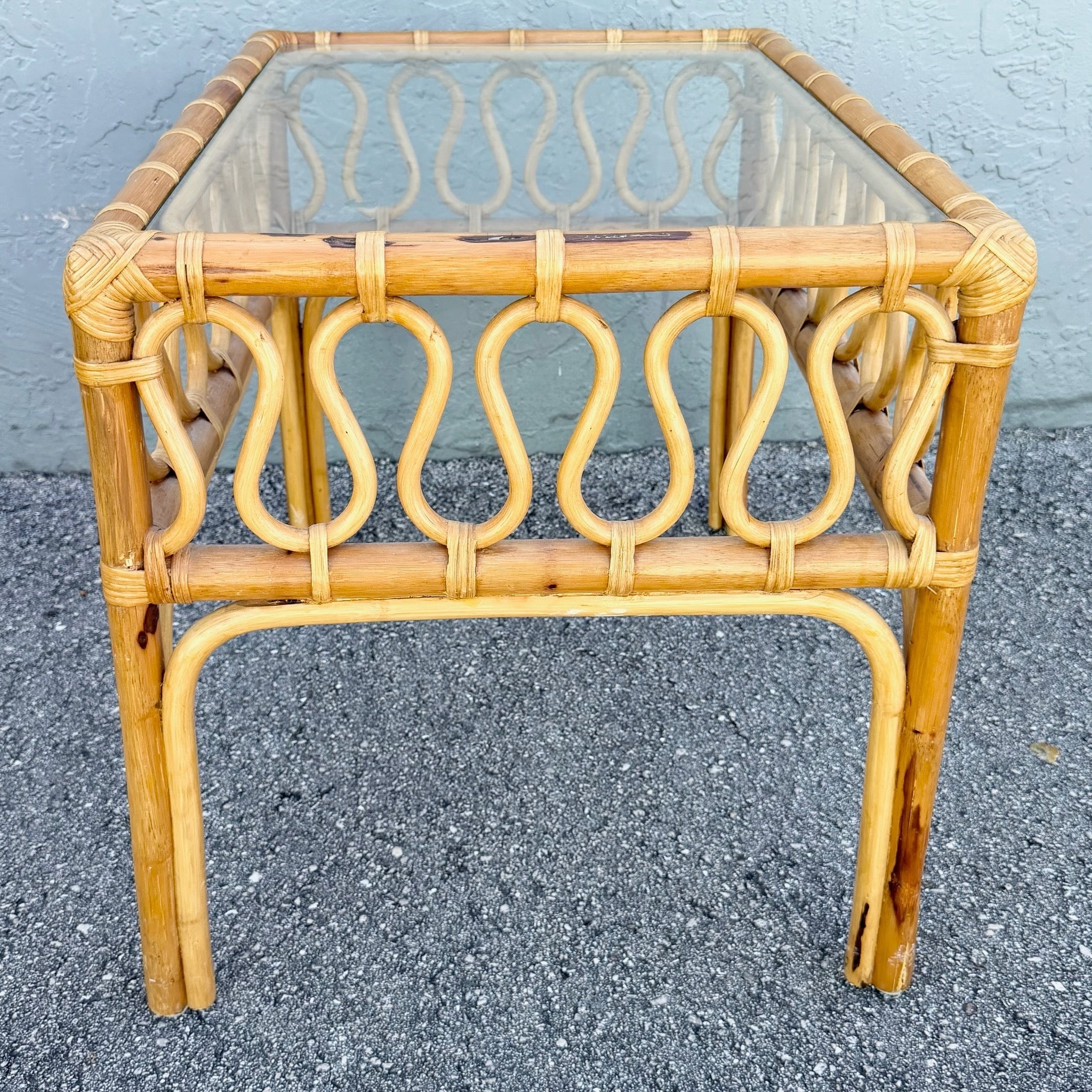 Boho Chic Serpentine Rattan Glass Top Side Table Dolphin & Flamingo