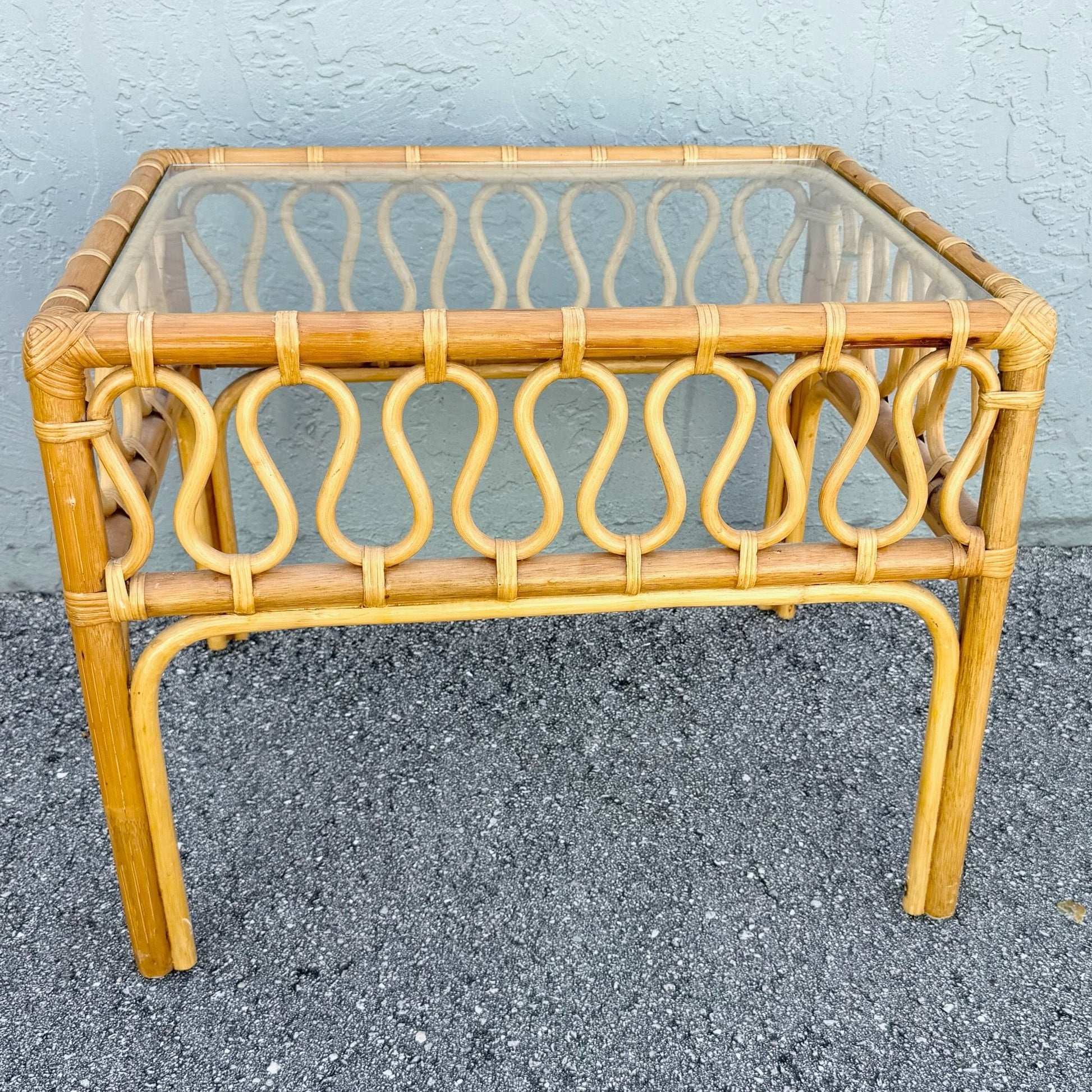Boho Chic Serpentine Rattan Glass Top Side Table Dolphin & Flamingo