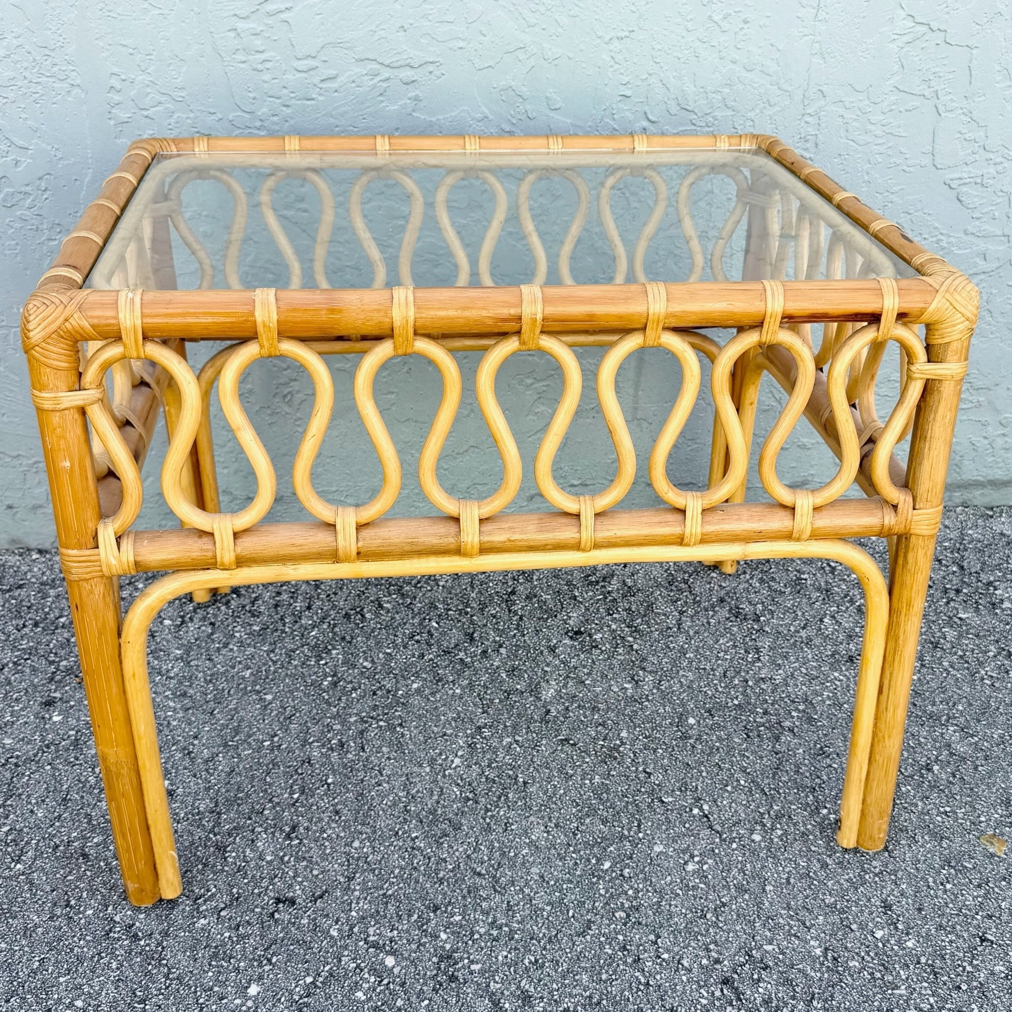 Boho Chic Serpentine Rattan Glass Top Side Table Dolphin & Flamingo