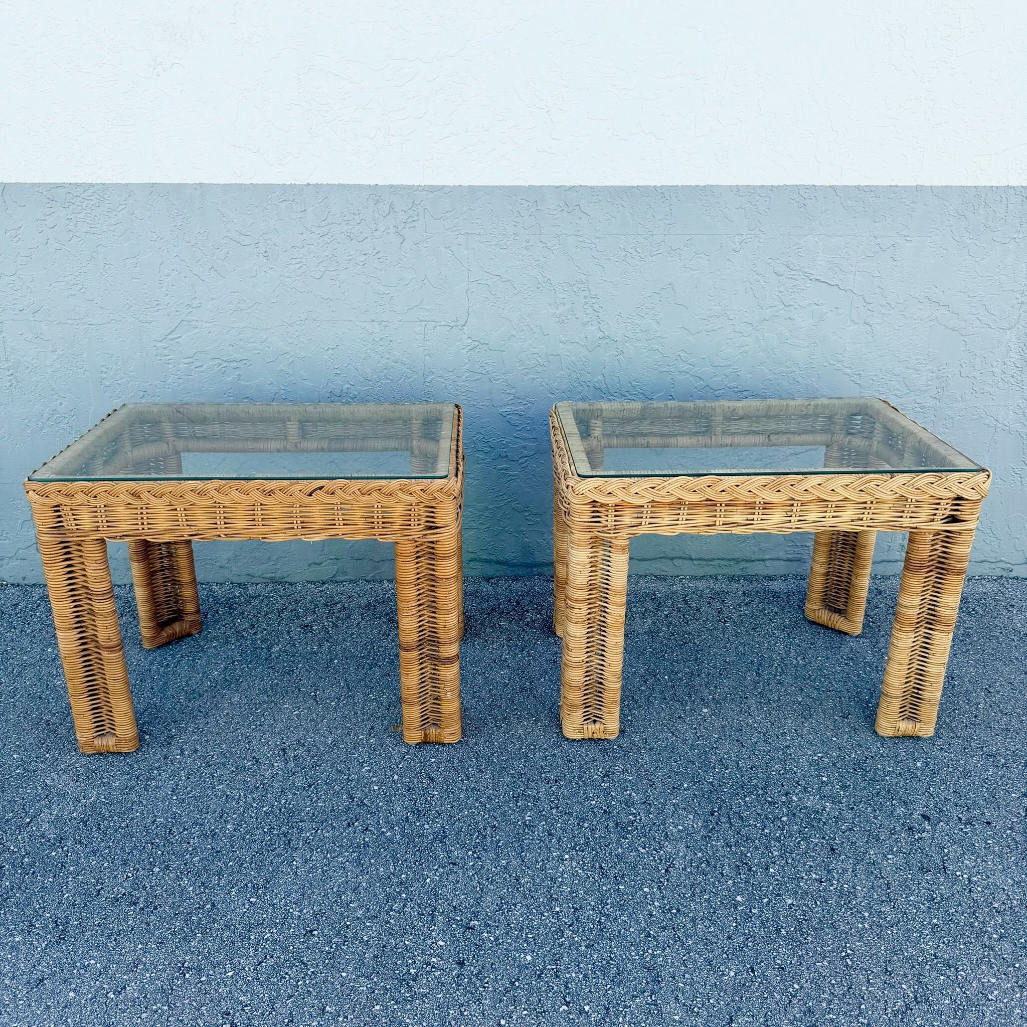 Boho Chic Woven Wicker Glass Top Side Tables - A Pair Dolphin & Flamingo