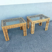 Boho Chic Woven Wicker Glass Top Side Tables - A Pair Dolphin & Flamingo