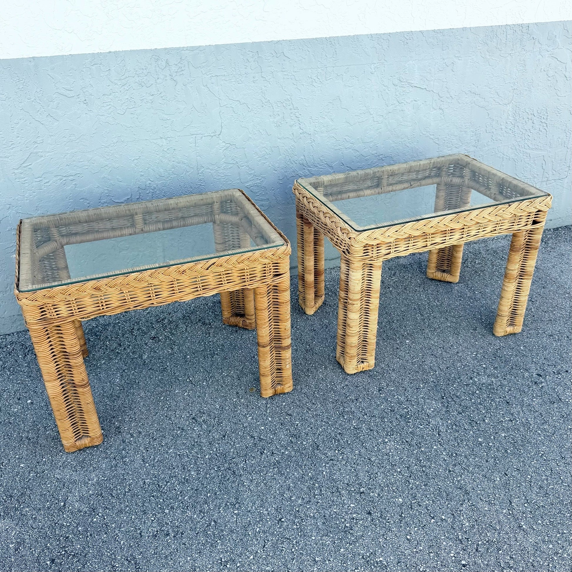 Boho Chic Woven Wicker Glass Top Side Tables - A Pair Dolphin & Flamingo