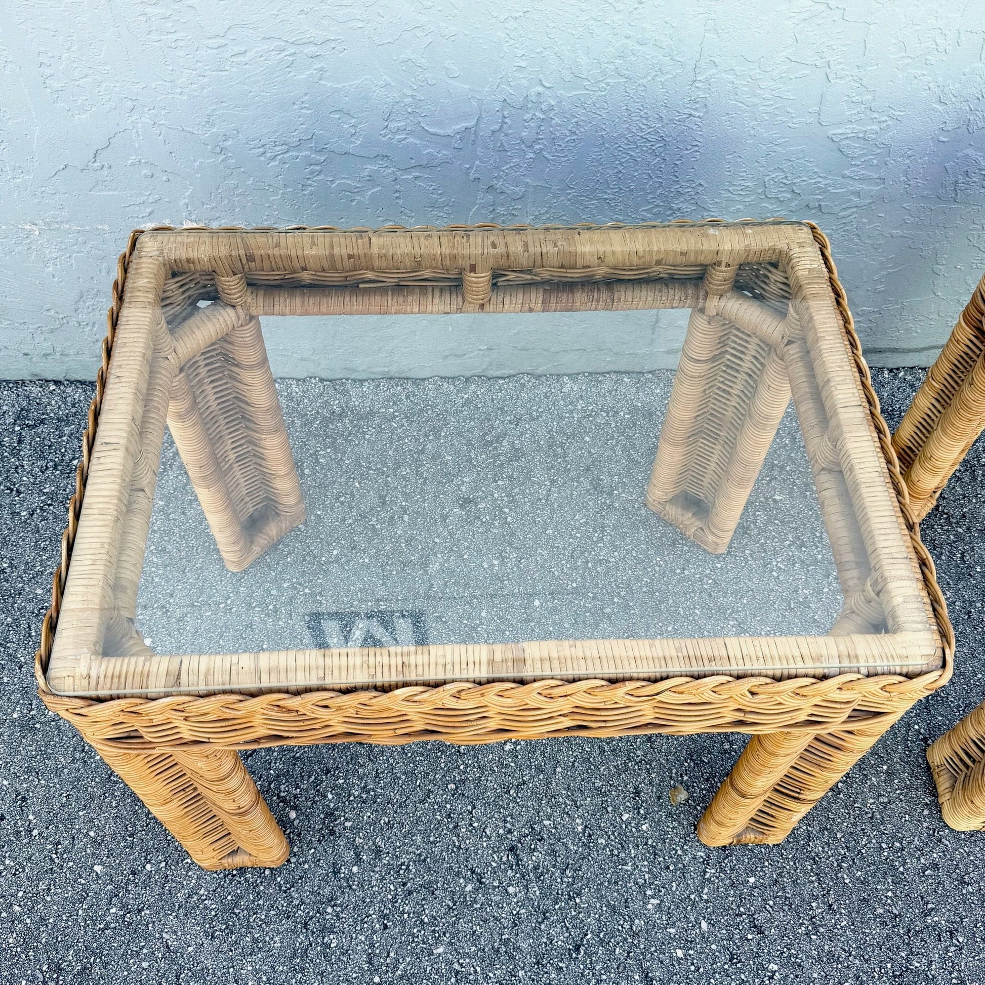 Boho Chic Woven Wicker Glass Top Side Tables - A Pair Dolphin & Flamingo