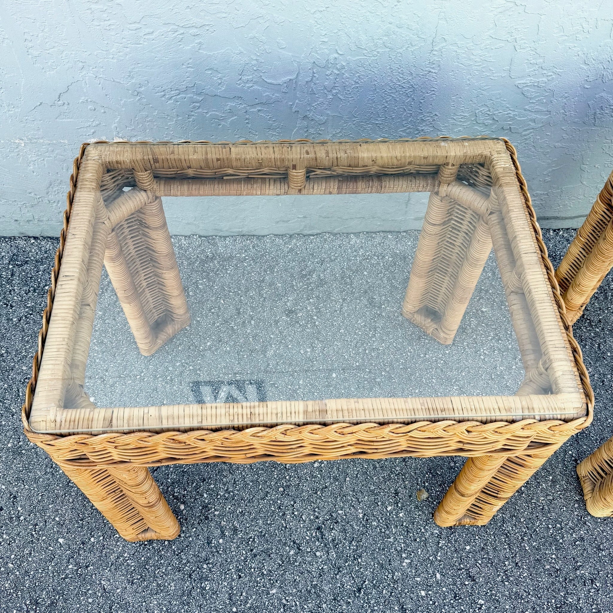 Boho Chic Woven Wicker Glass Top Side Tables - A Pair Dolphin & Flamingo