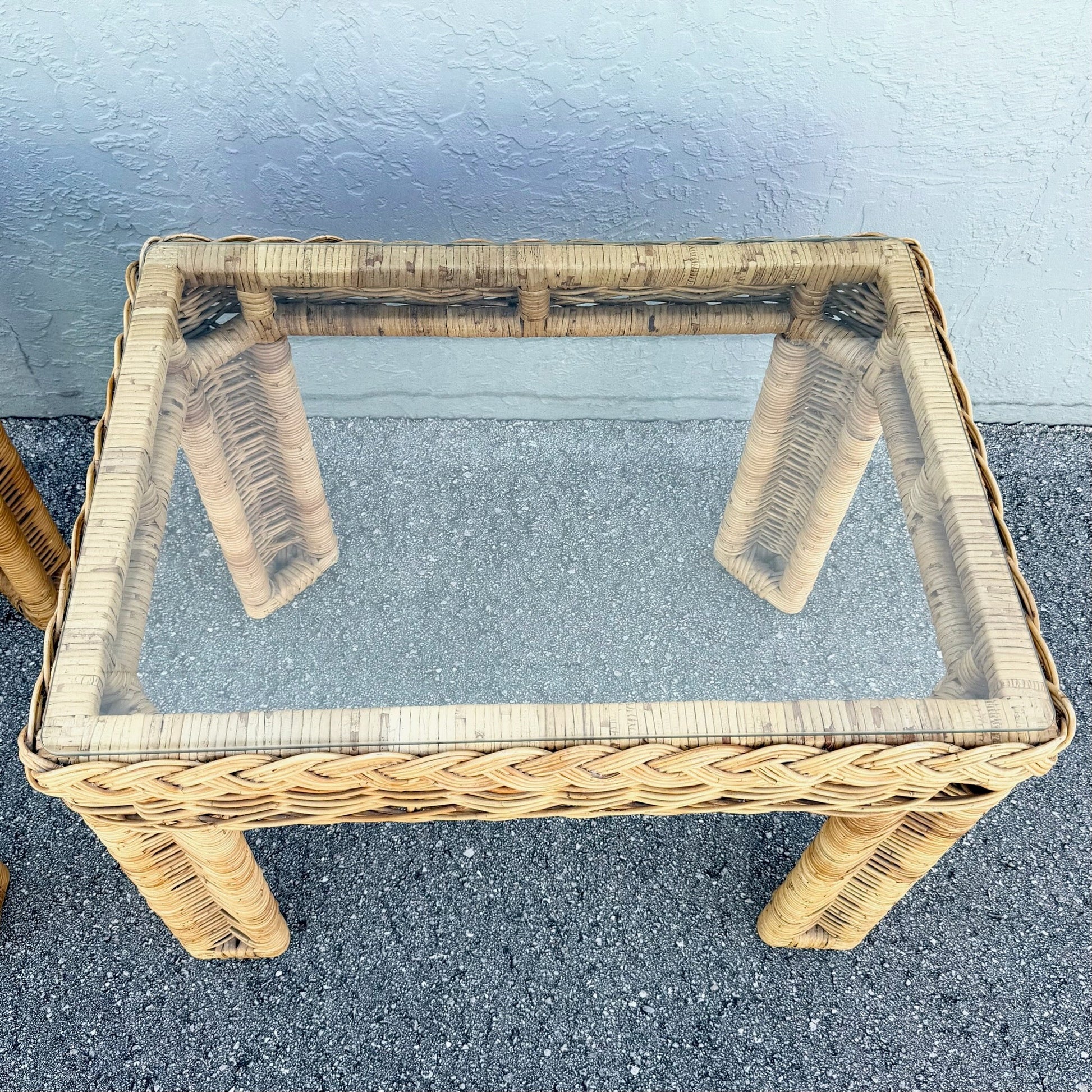 Boho Chic Woven Wicker Glass Top Side Tables - A Pair Dolphin & Flamingo