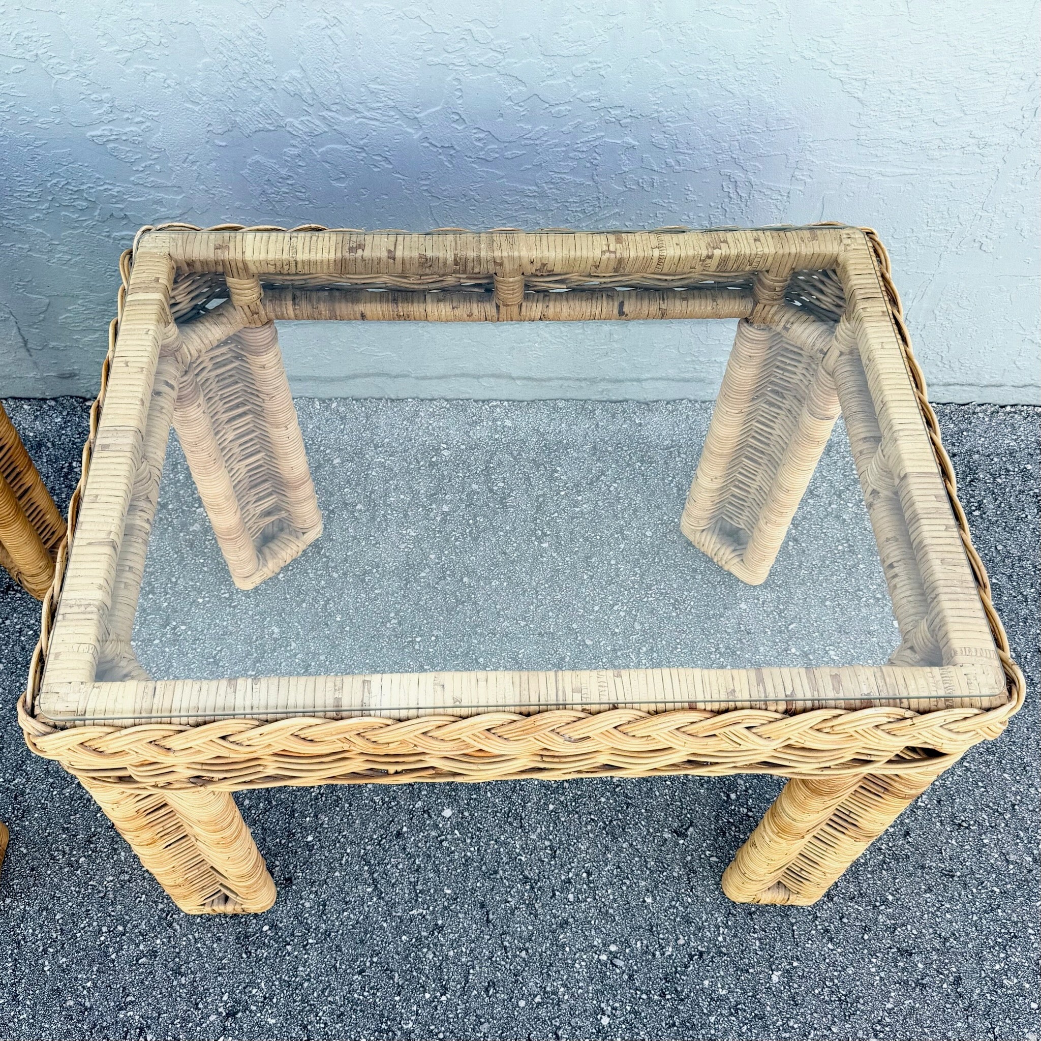 Boho Chic Woven Wicker Glass Top Side Tables - A Pair Dolphin & Flamingo