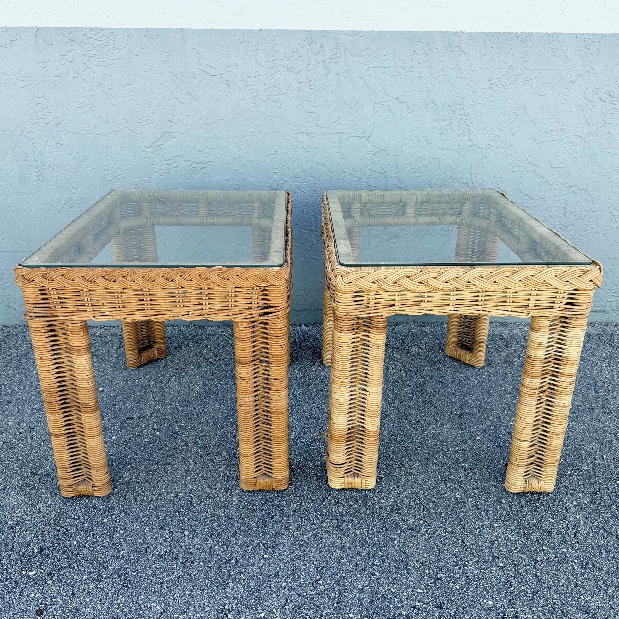 Boho Chic Woven Wicker Glass Top Side Tables - A Pair Dolphin & Flamingo