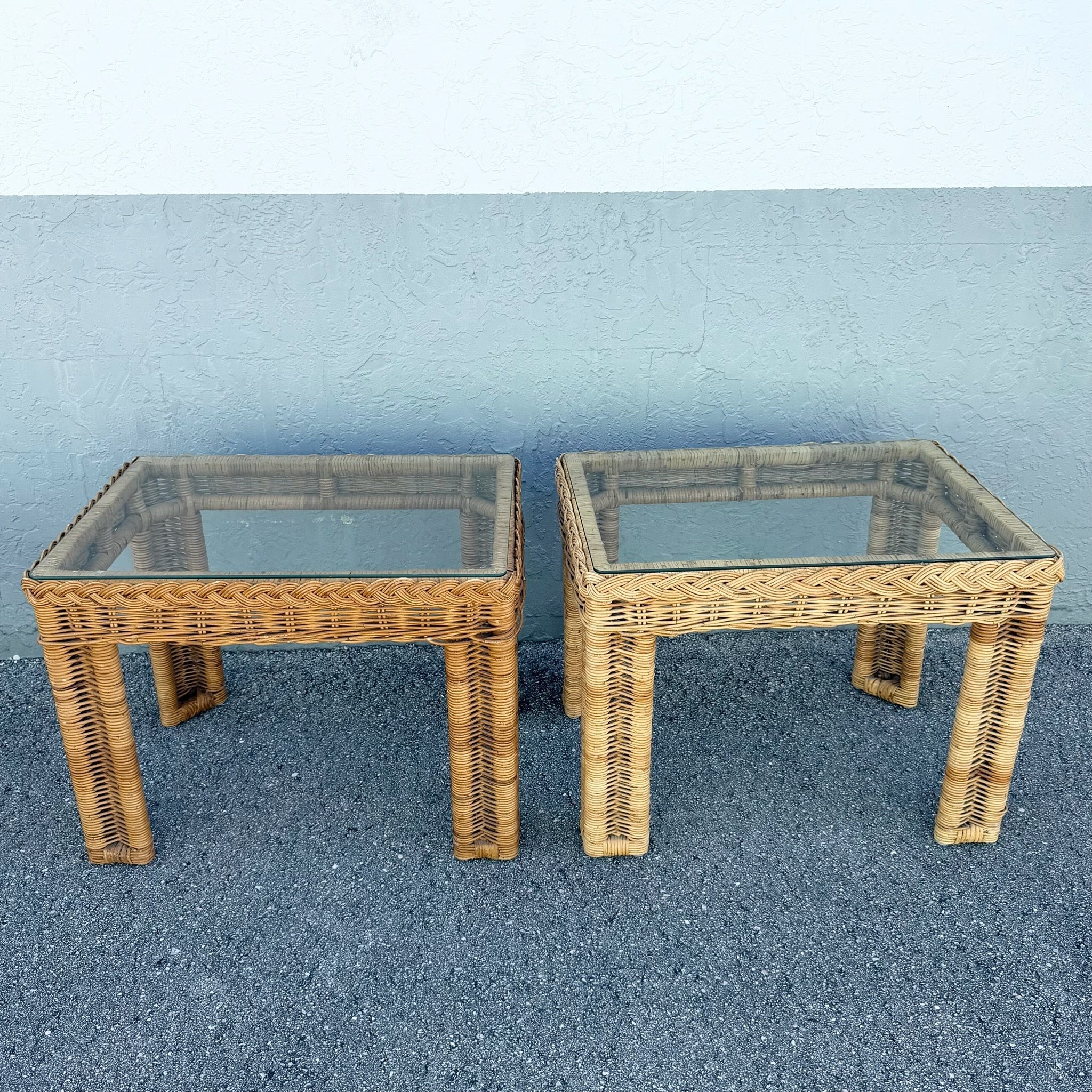 Boho Chic Woven Wicker Glass Top Side Tables - A Pair Dolphin & Flamingo