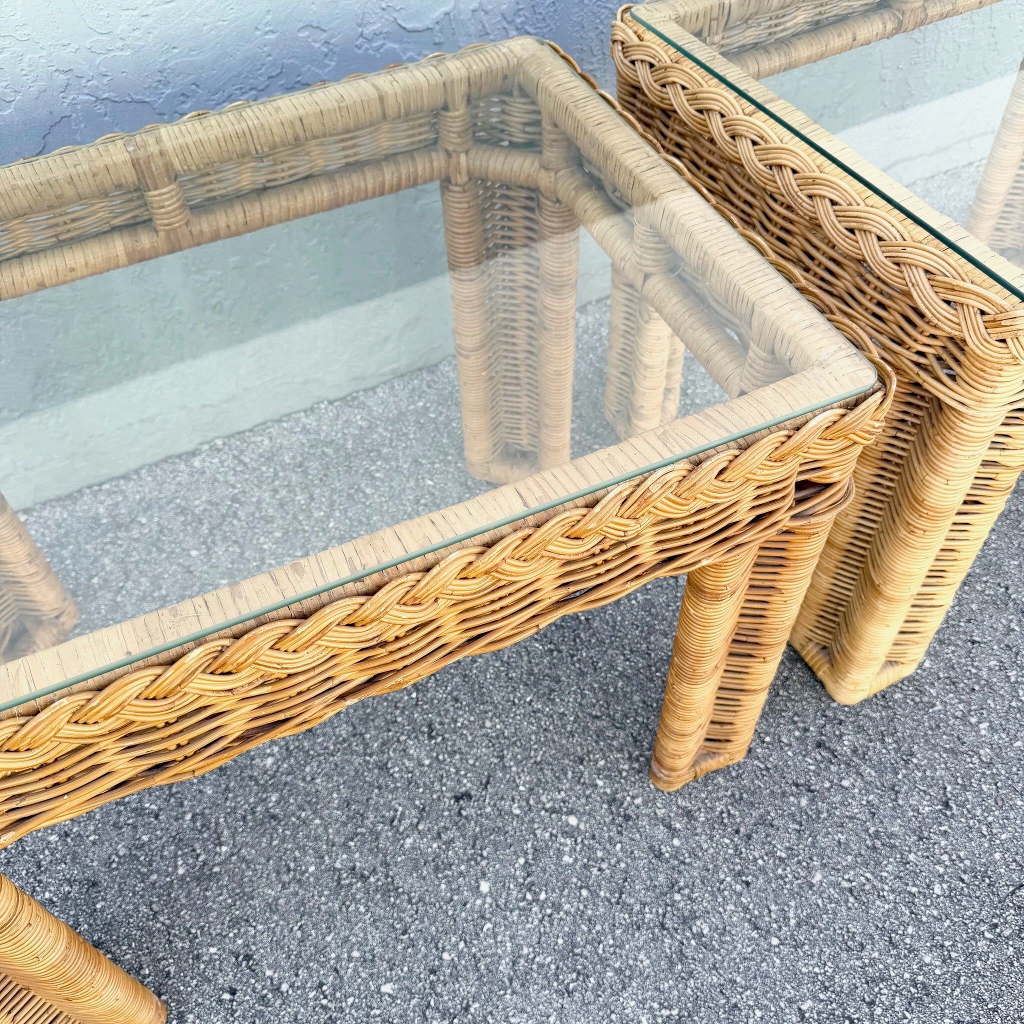 Boho Chic Woven Wicker Glass Top Side Tables - A Pair Dolphin & Flamingo