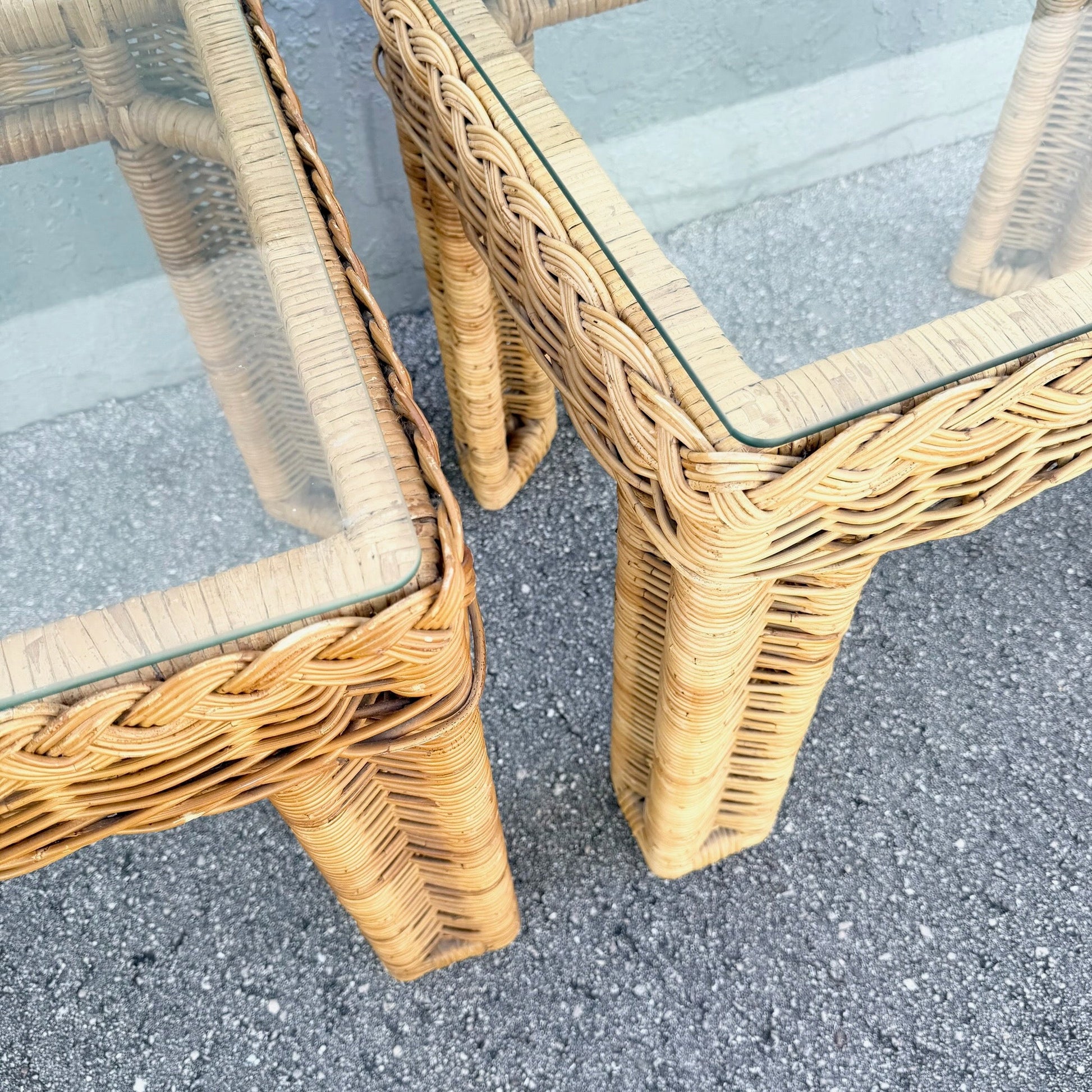 Boho Chic Woven Wicker Glass Top Side Tables - A Pair Dolphin & Flamingo