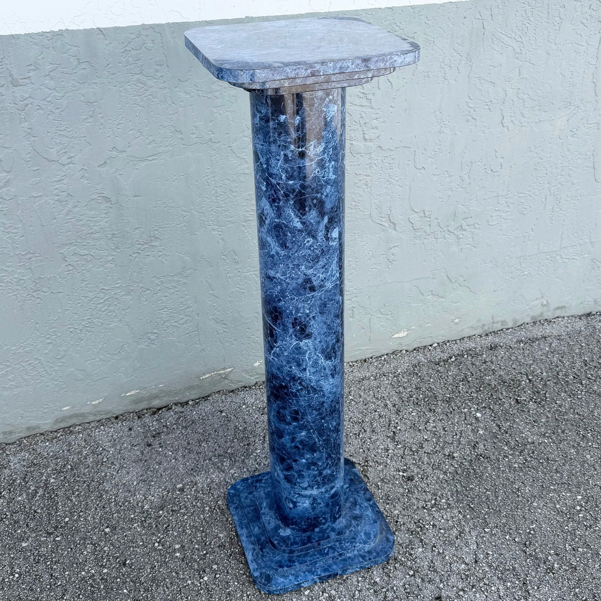 Vintage Postmodern Faux Blue Marble Architectural Pedestal Plant Stand Dolphin & Flamingo