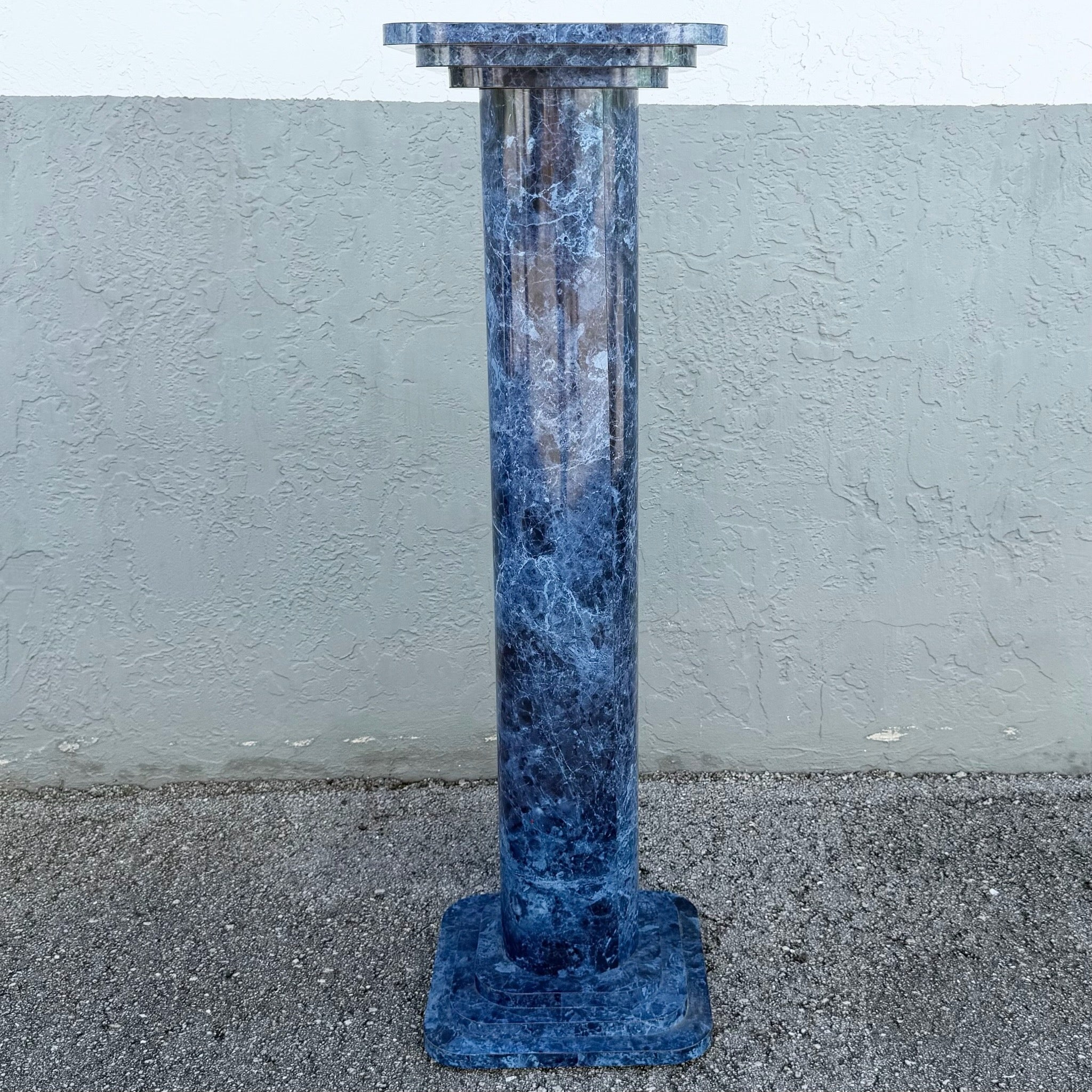 Vintage Postmodern Faux Blue Marble Architectural Pedestal Plant Stand Dolphin & Flamingo
