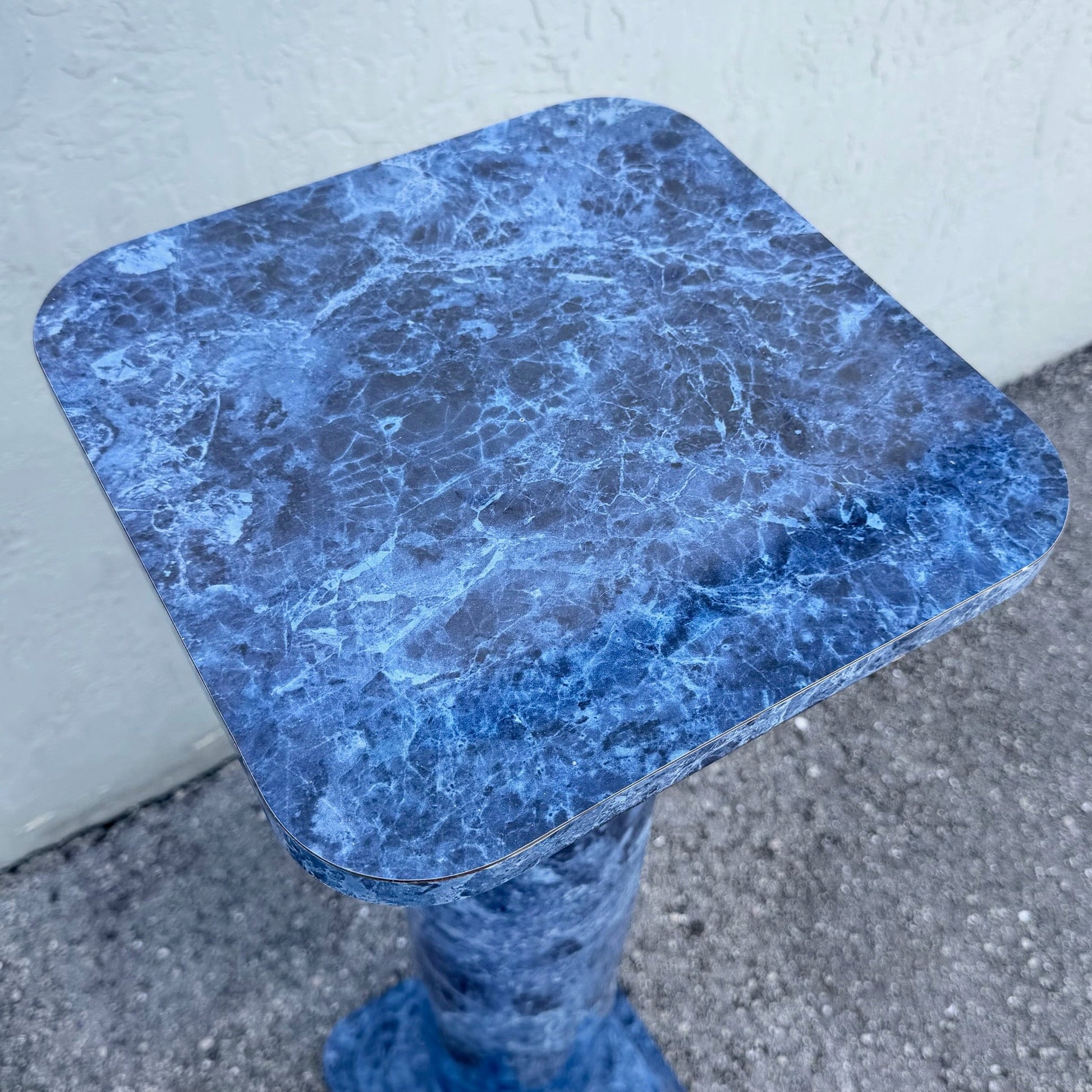Vintage Postmodern Faux Blue Marble Architectural Pedestal Plant Stand Dolphin & Flamingo