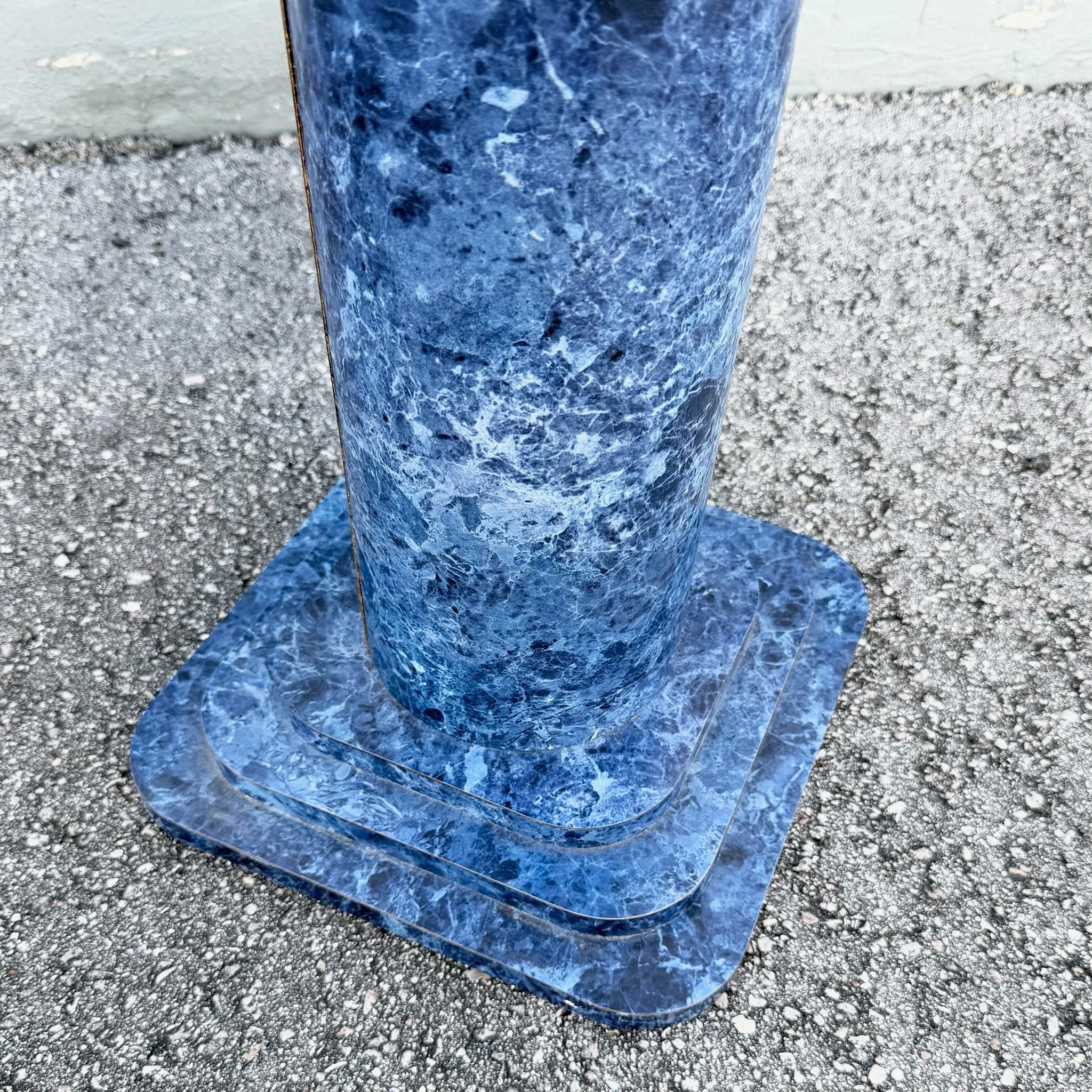 Vintage Postmodern Faux Blue Marble Architectural Pedestal Plant Stand Dolphin & Flamingo