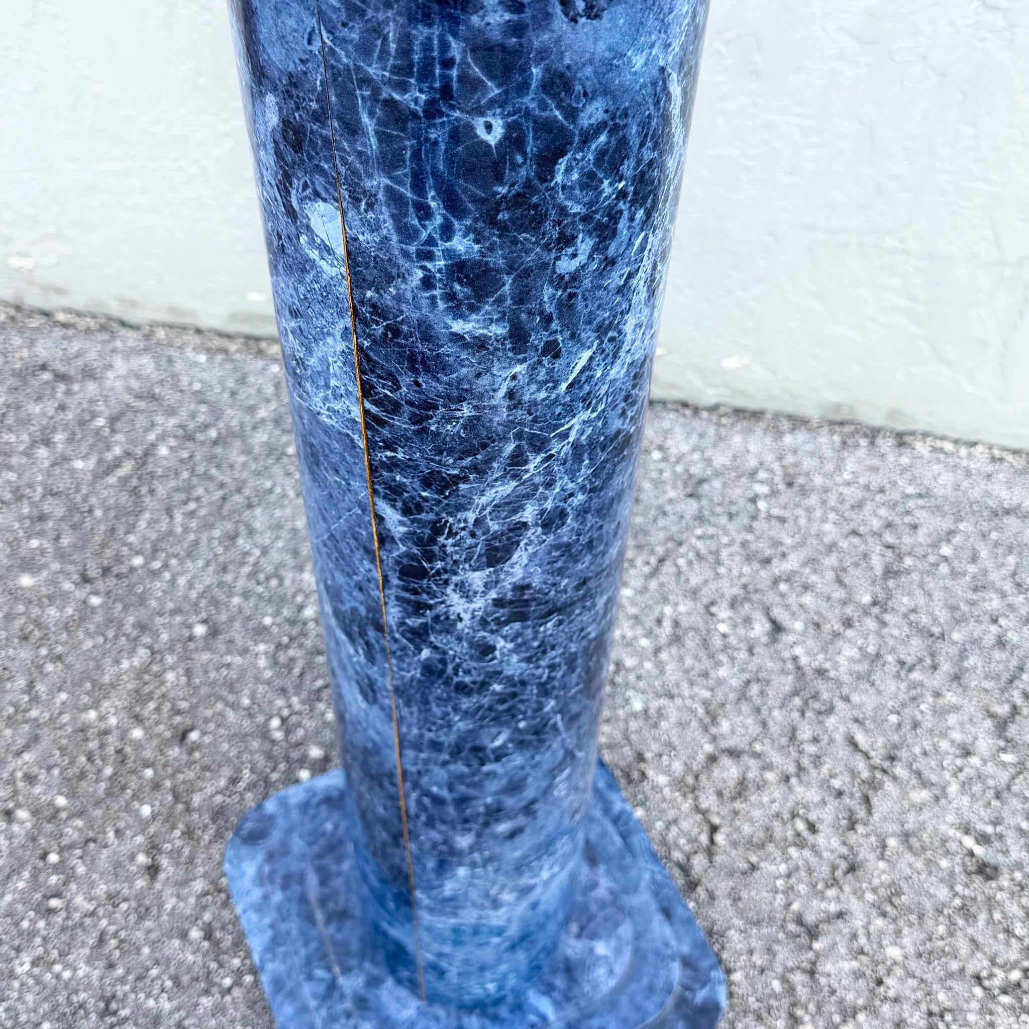 Vintage Postmodern Faux Blue Marble Architectural Pedestal Plant Stand Dolphin & Flamingo