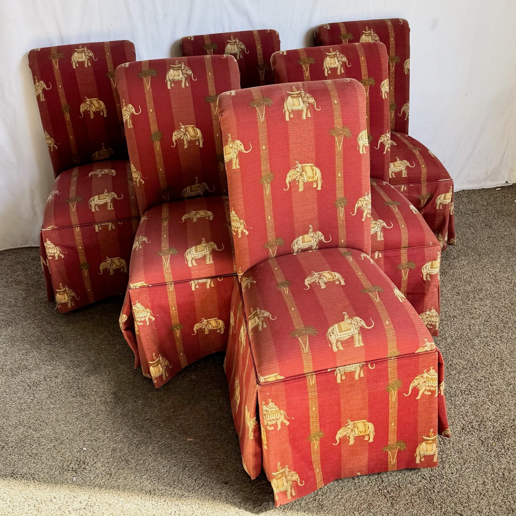 Vintage Regency Red Skirted Elephant Parsons Dining Chairs - Set of 6