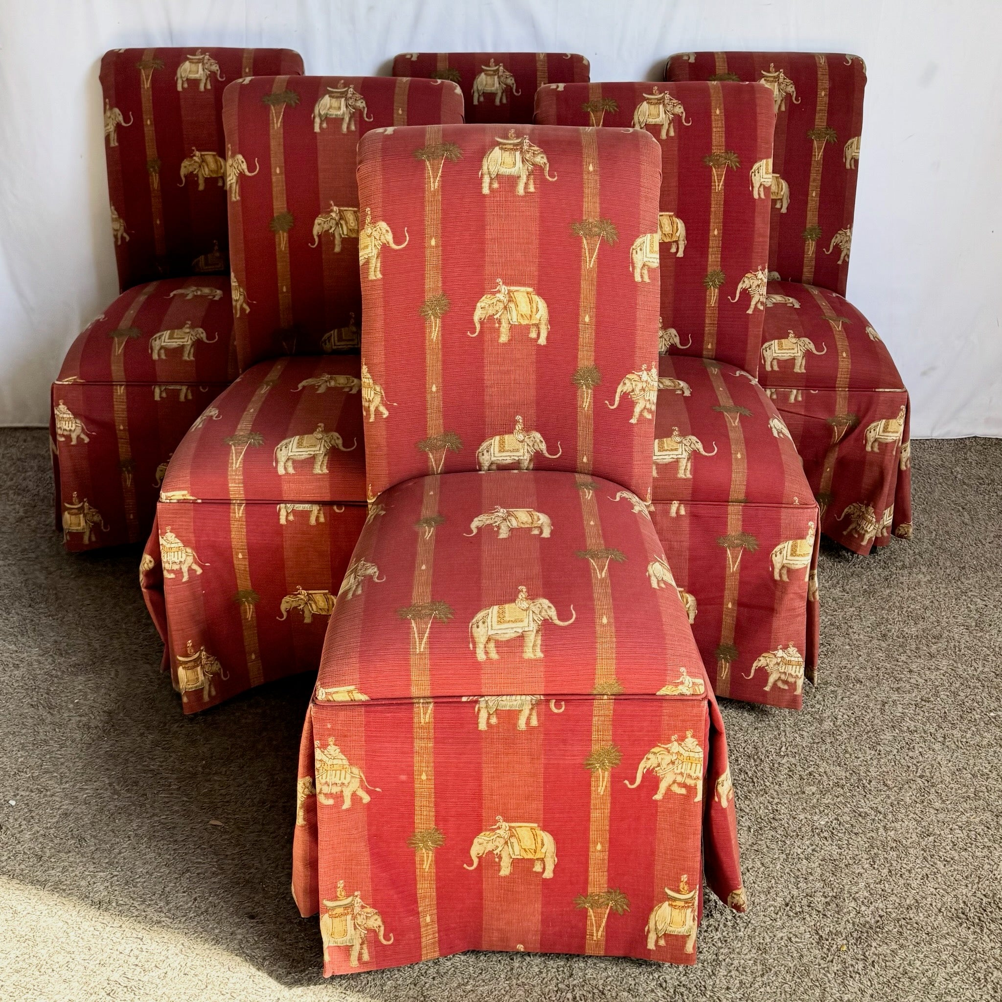 Vintage Regency Red Skirted Elephant Parsons Dining Chairs - Set of 6
