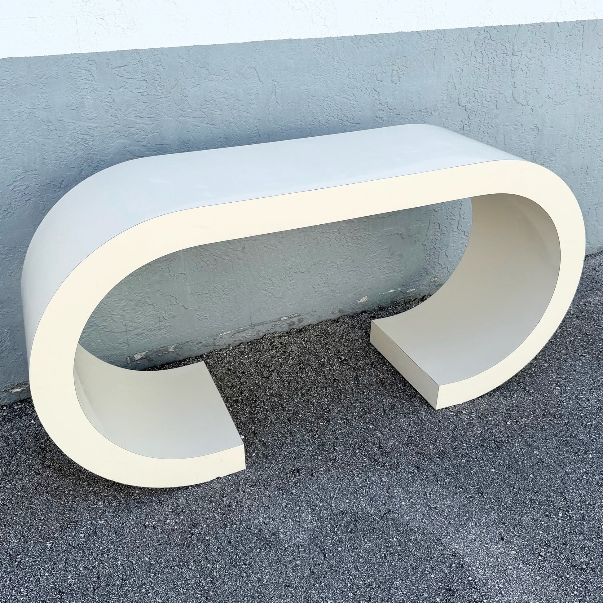 Postmodern Cream Gloss Laminate Scroll Console Table Dolphin & Flamingo