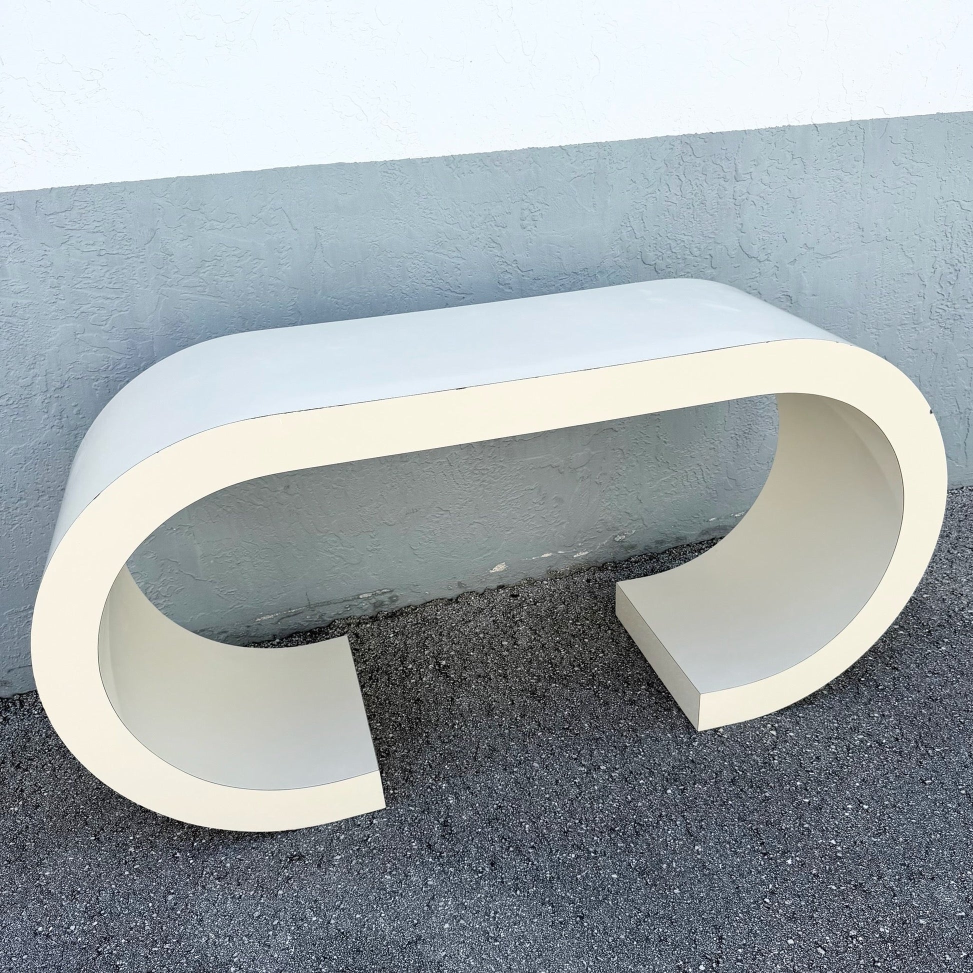 Postmodern Cream Gloss Laminate Scroll Console Table Dolphin & Flamingo