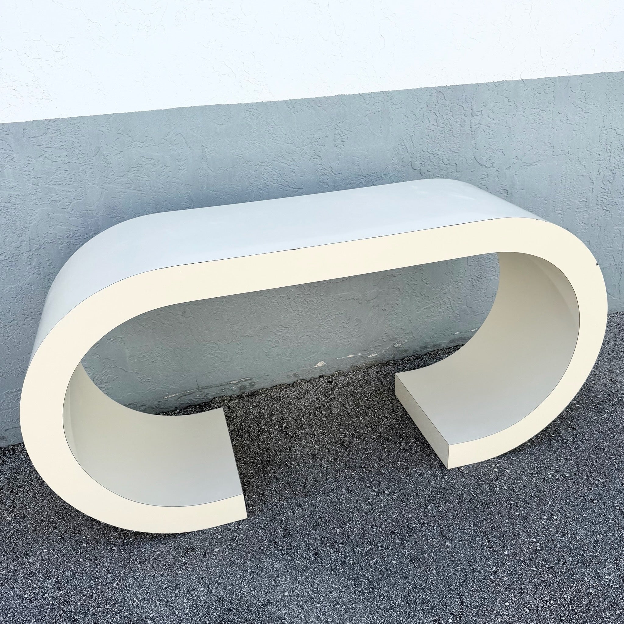 Postmodern Cream Gloss Laminate Scroll Console Table Dolphin & Flamingo