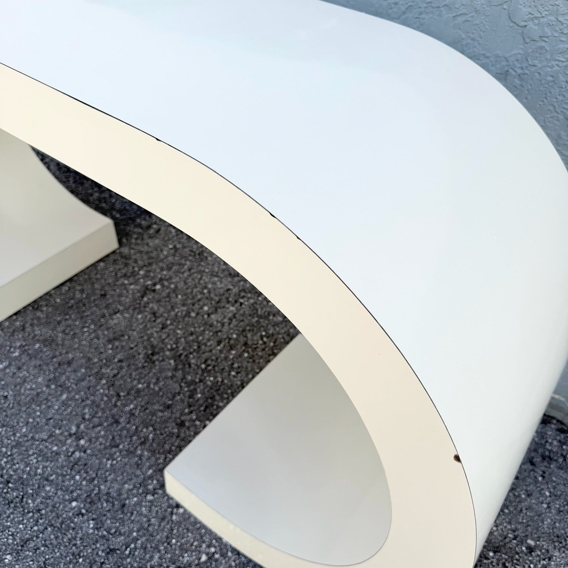 Postmodern Cream Gloss Laminate Scroll Console Table Dolphin & Flamingo